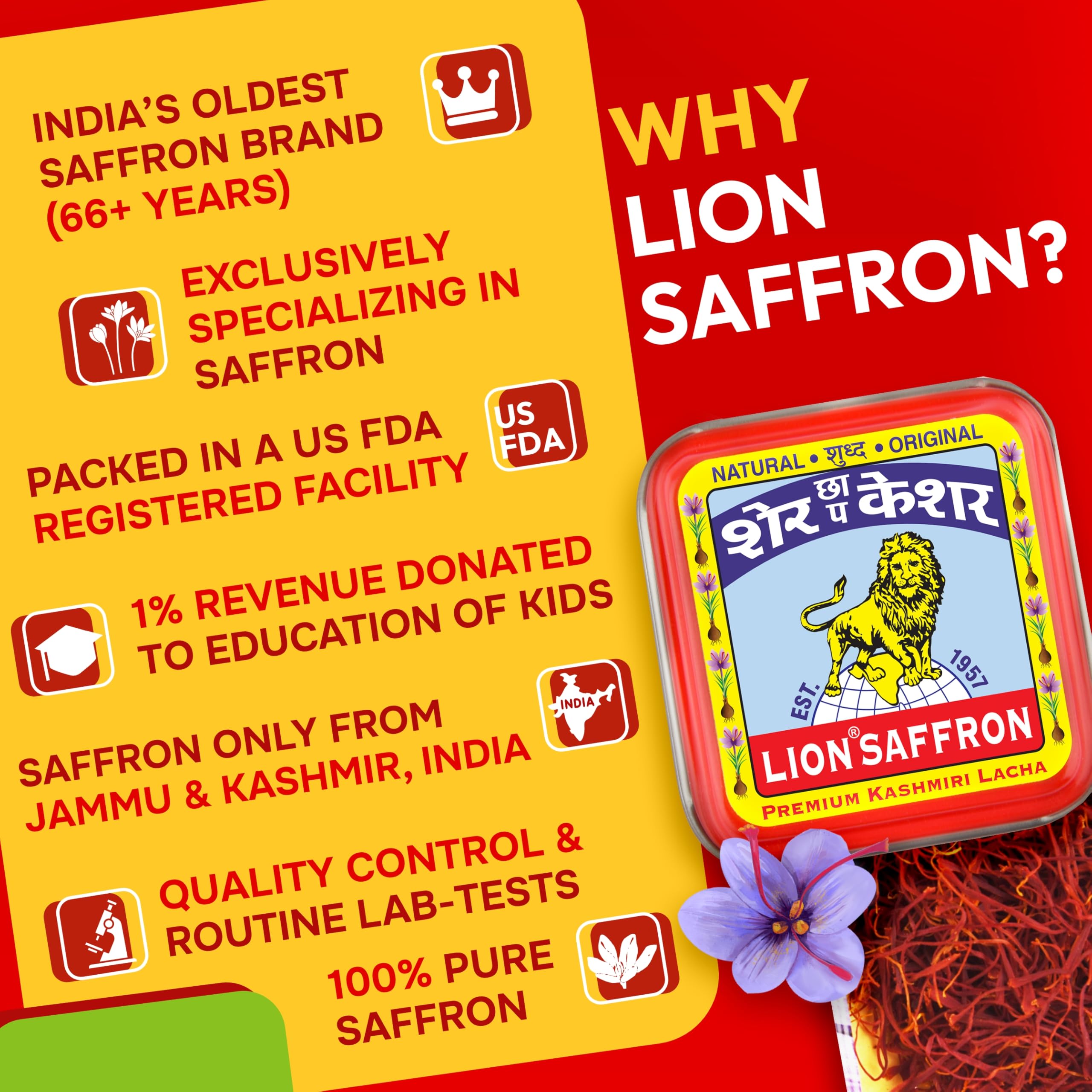 Premium Kashmir Saffron (Kesar/Azafran) - Certified Grade A+ Pure Kashmiri Saffron Threads 1g for Cooking, Tea, Biryani & Health Benefits | Ideal for Gourmet Dishes, Skincare & Wellness Rituals