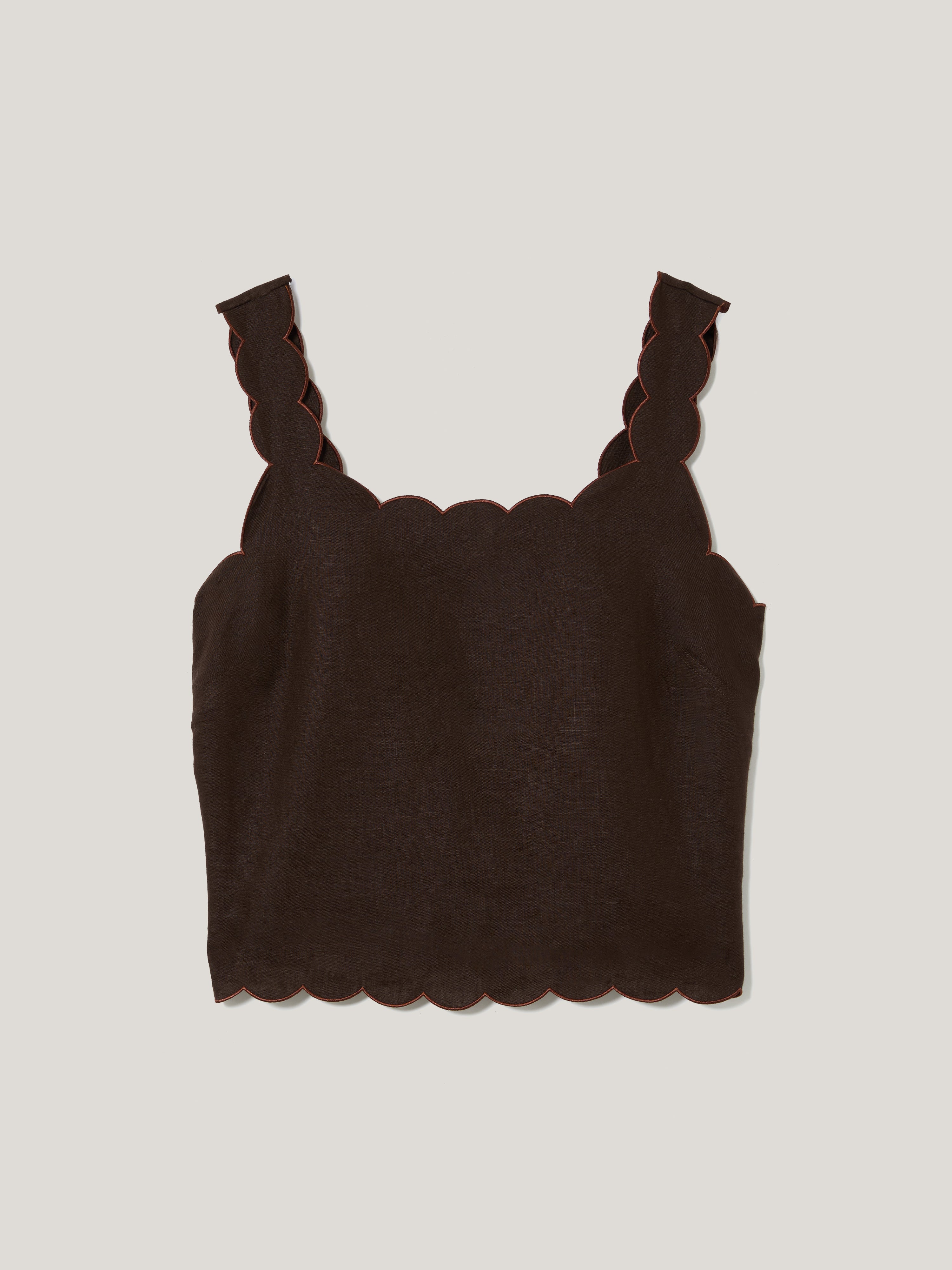 Brown Linen Scallop Top for Women - Breathable Summer Blouse for Casual Outings & Beach Vacations