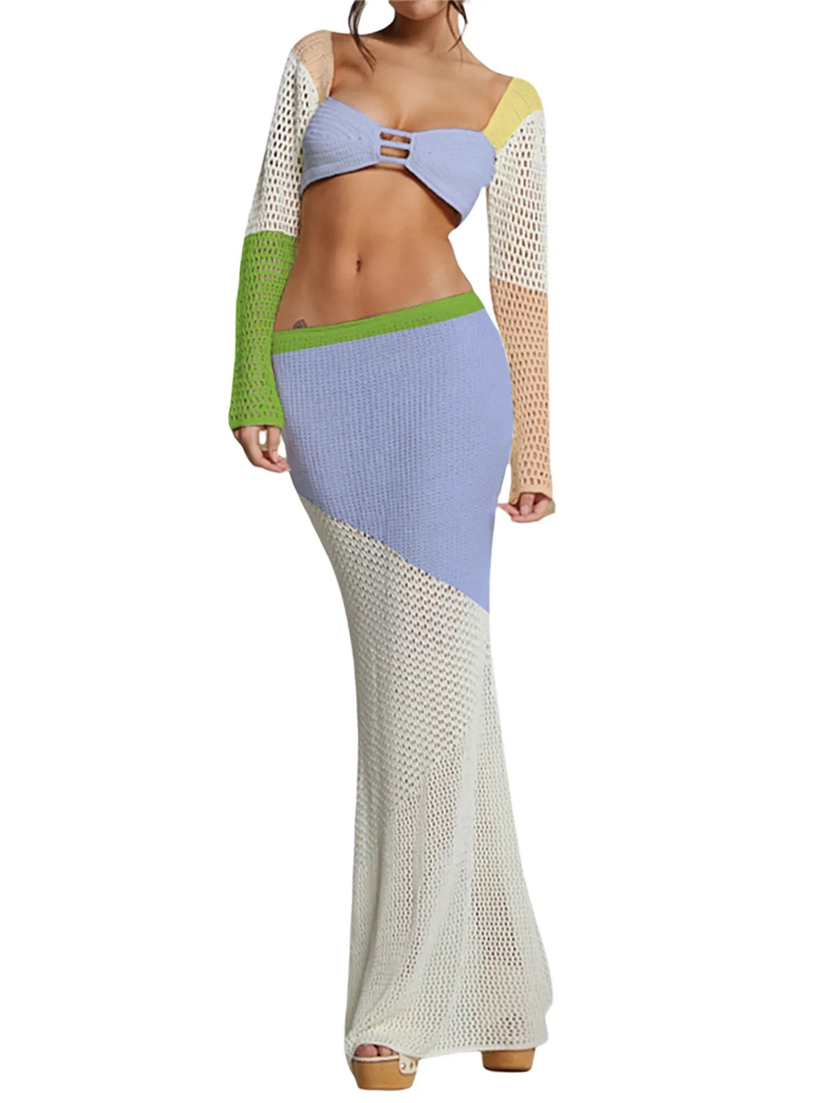 6 Colors Hollow Out Long Sleeve Crochet Knitted Tunic Beach Cover Up - Women's Summer Boho Dress for Beach, Pool, Vacation & Casual Outings