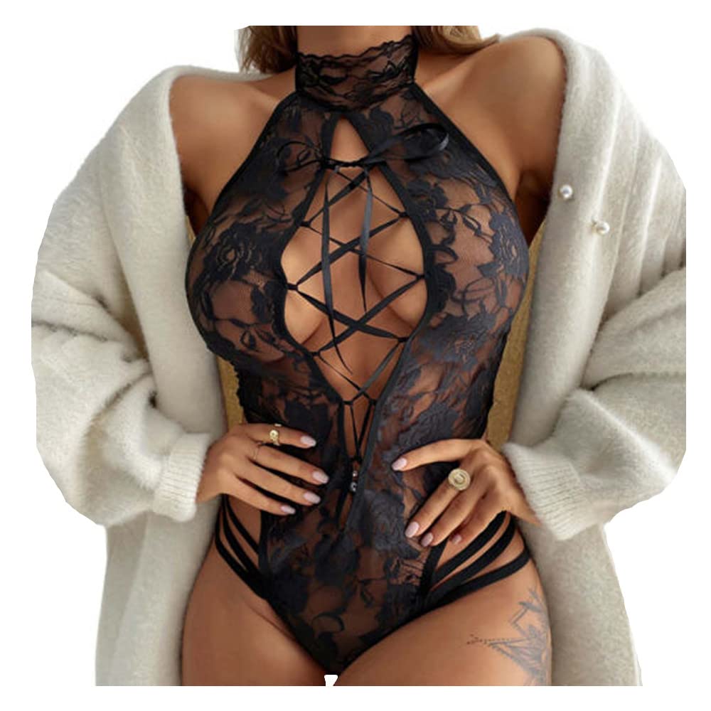 Sexy Women's Leather Bodysuit Lingerie - Fishnet Babydoll Teddy with Zipper for Playful Nights & Boudoir Photos | Plus Size Jumpsuit for Roleplay & Valentine's Gift