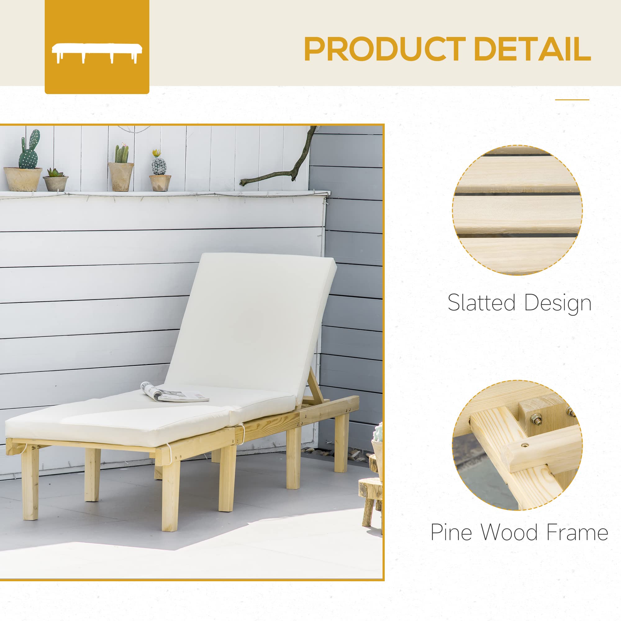 Outsunny Adjustable Wooden Chaise Lounge Chair for Outdoor - 4-Position Reclining Patio Furniture with Cushion - Perfect for Poolside, Beach, Deck, Garden & Sunbathing Relaxation