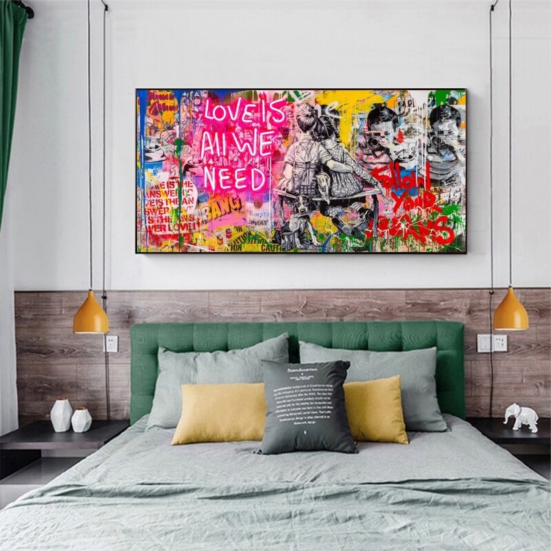 Banksy Love Is All We Need Canvas Wall Art Print - Street Art Home Decor for Living Room, Bedroom & Office