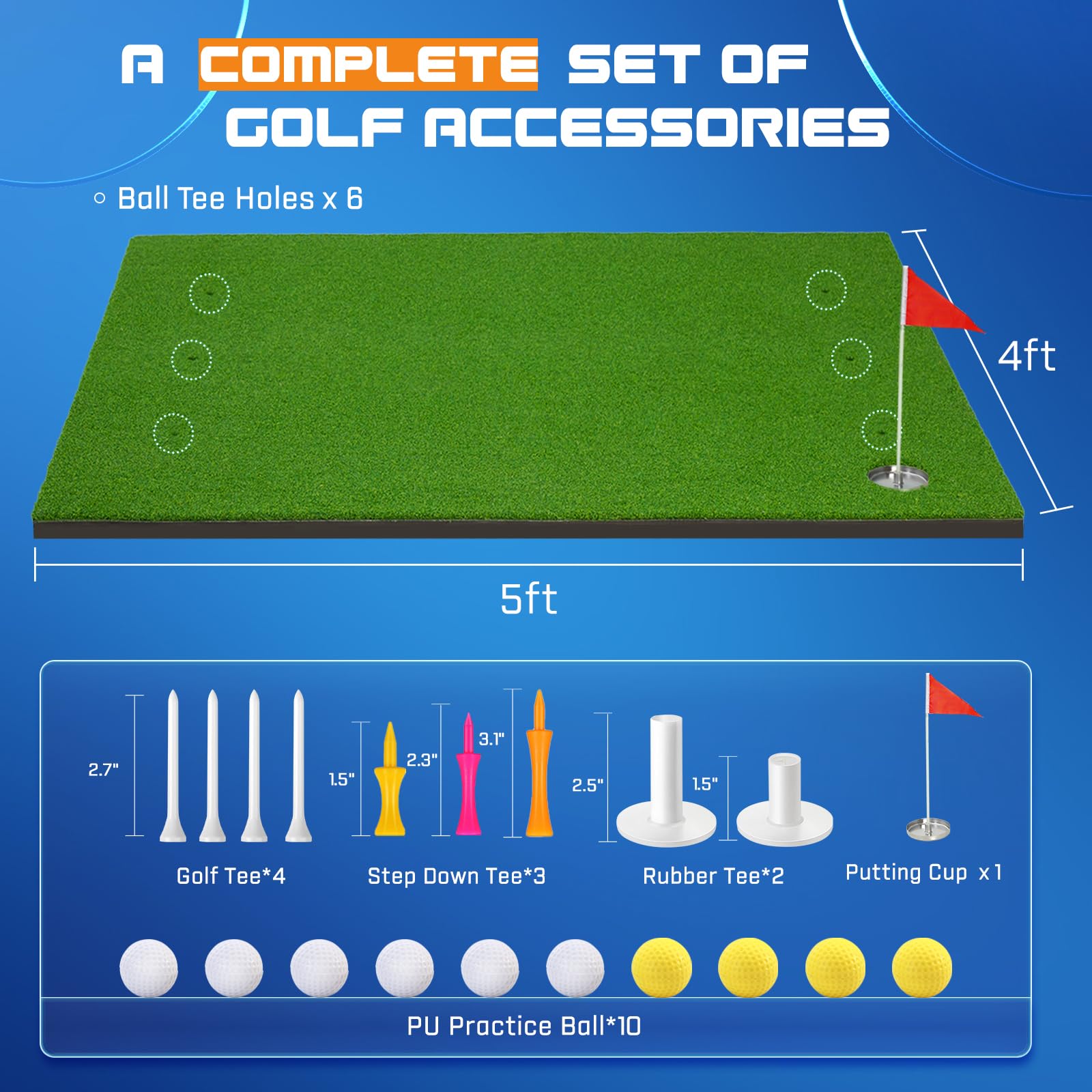 Premium 6-in-1 Golf Practice Mat - 5x4ft Thickened Turf Hitting Mat for Indoor & Outdoor Use - Perfect for Swing Training, Chipping, Driving - Ideal for Backyard, Garage, or Home Golf Setup