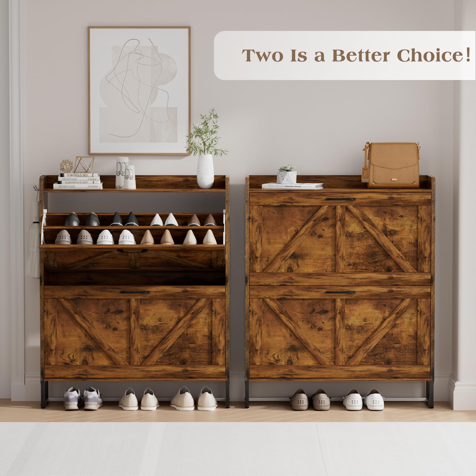 EOYUTLLY Narrow Shoe Cabinet for Entryway - Freestanding Shoe Storage Organizer with 2 Flip Drawers, Rustic Brown Finish & Metal Legs - Perfect for Small Spaces, Hallway, Closet, or Apartment Organization