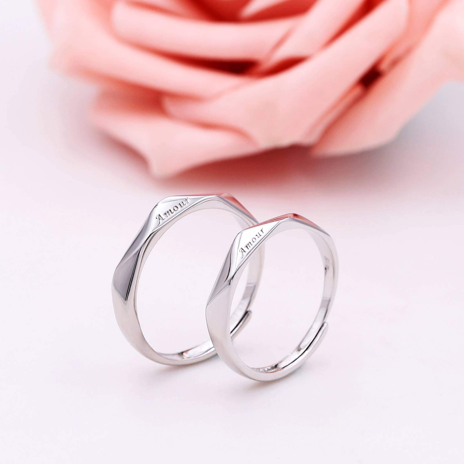 Custom Personalized S925 Sterling Silver Couple Rings - Adjustable Matching Wedding Bands for Him & Her - Perfect for Anniversaries, Engagements and Romantic Gifts