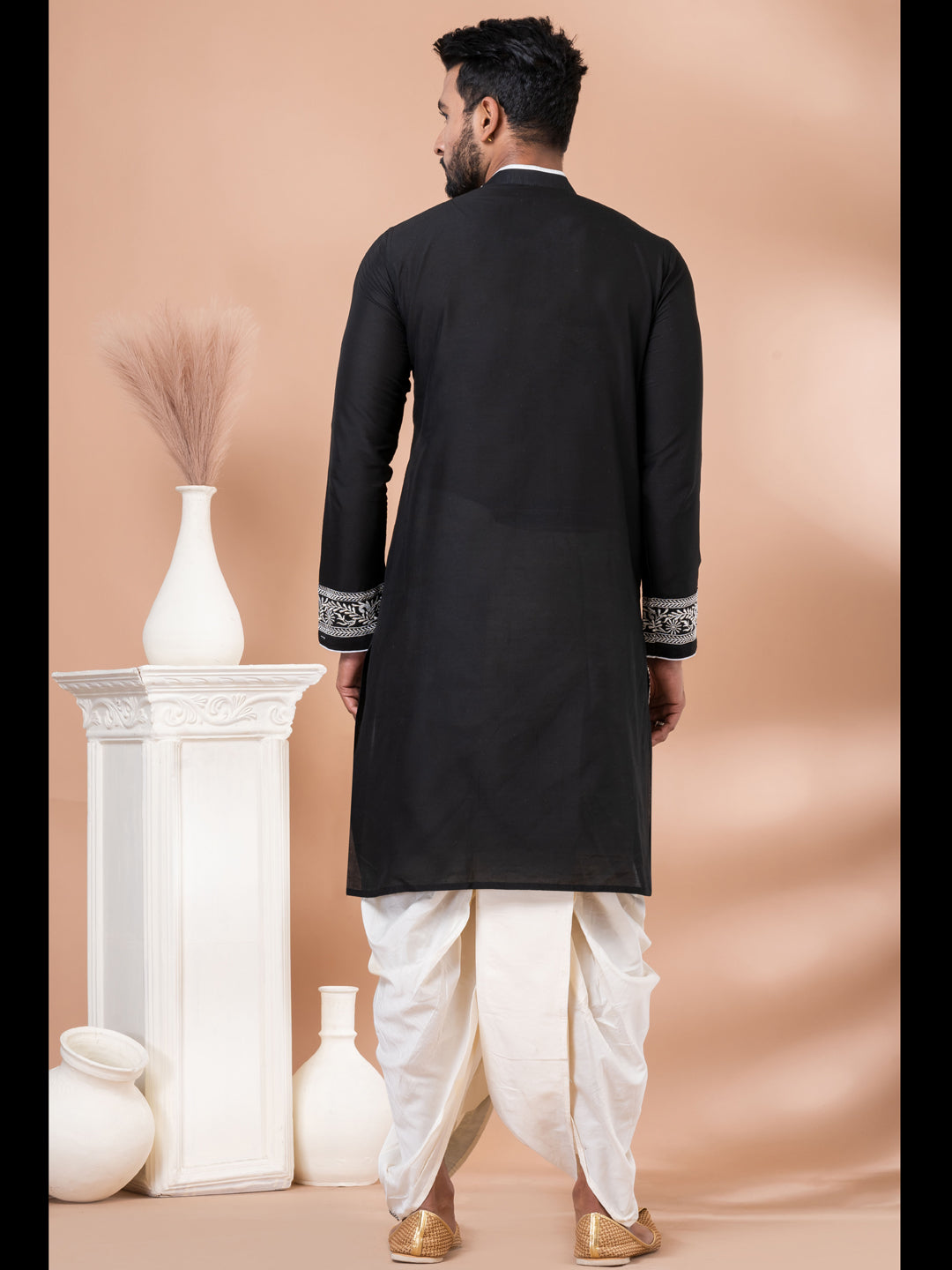 Premium Black Designer Men's Kurta Dhoti Set with Exquisite Embroidery - Perfect for Weddings, Festivals & Cultural Events
