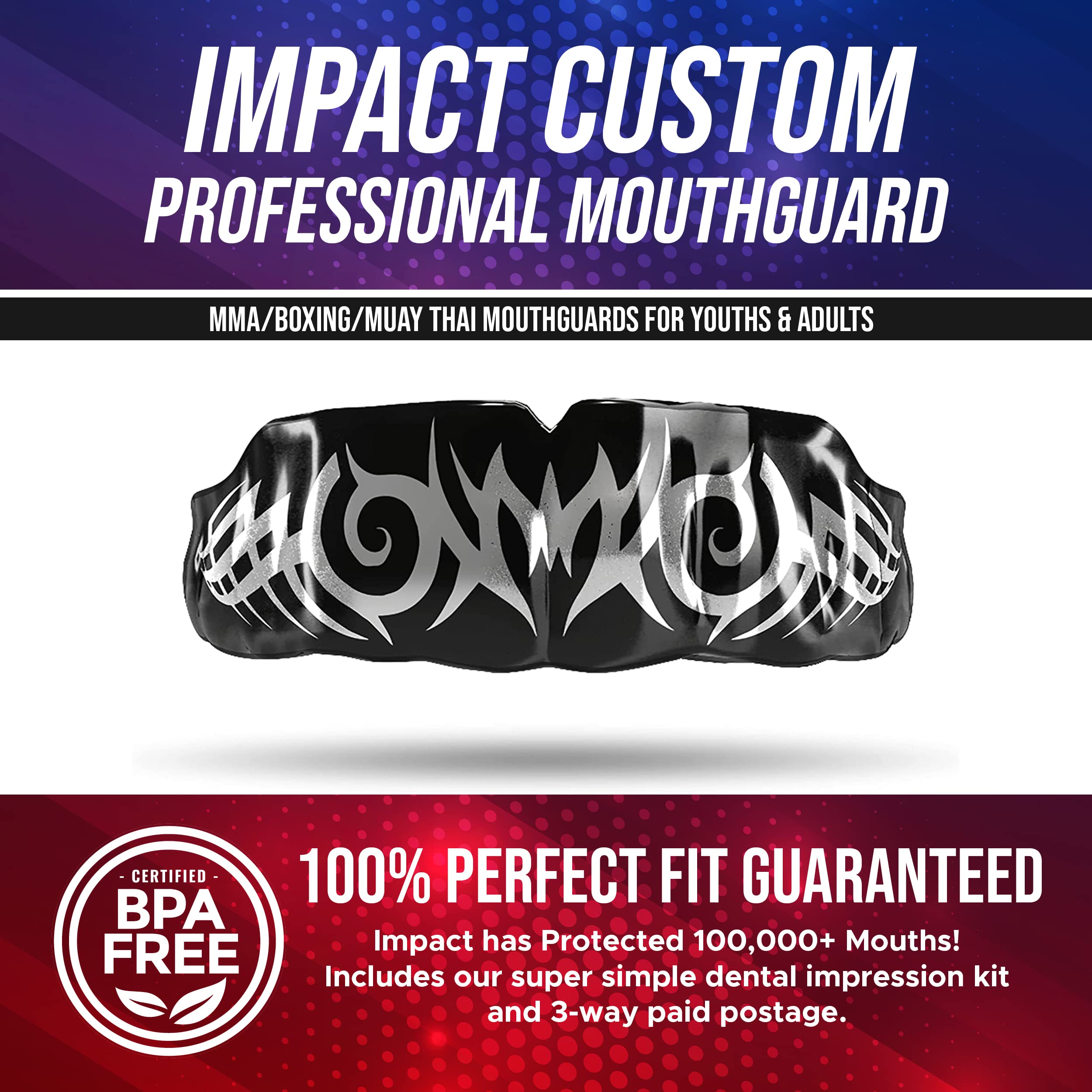Professional Custom-Fit Impact Mouthguard for Boxing, MMA & Muay Thai - Youth & Adult Sports Protection - Tribal Silver on Black Design - Perfect for Training & Competition