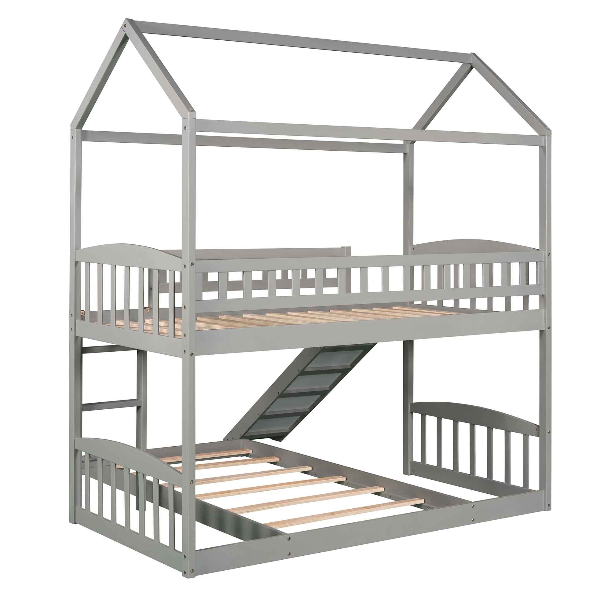 ATY House Twin Over Twin Wooden Bunk Bed for Kids with Slide, Roof, Guardrail & Ladder - No Box Spring Needed - Space-Saving Gray Bunkbed for Bedrooms, Guest Rooms & Vacation Homes