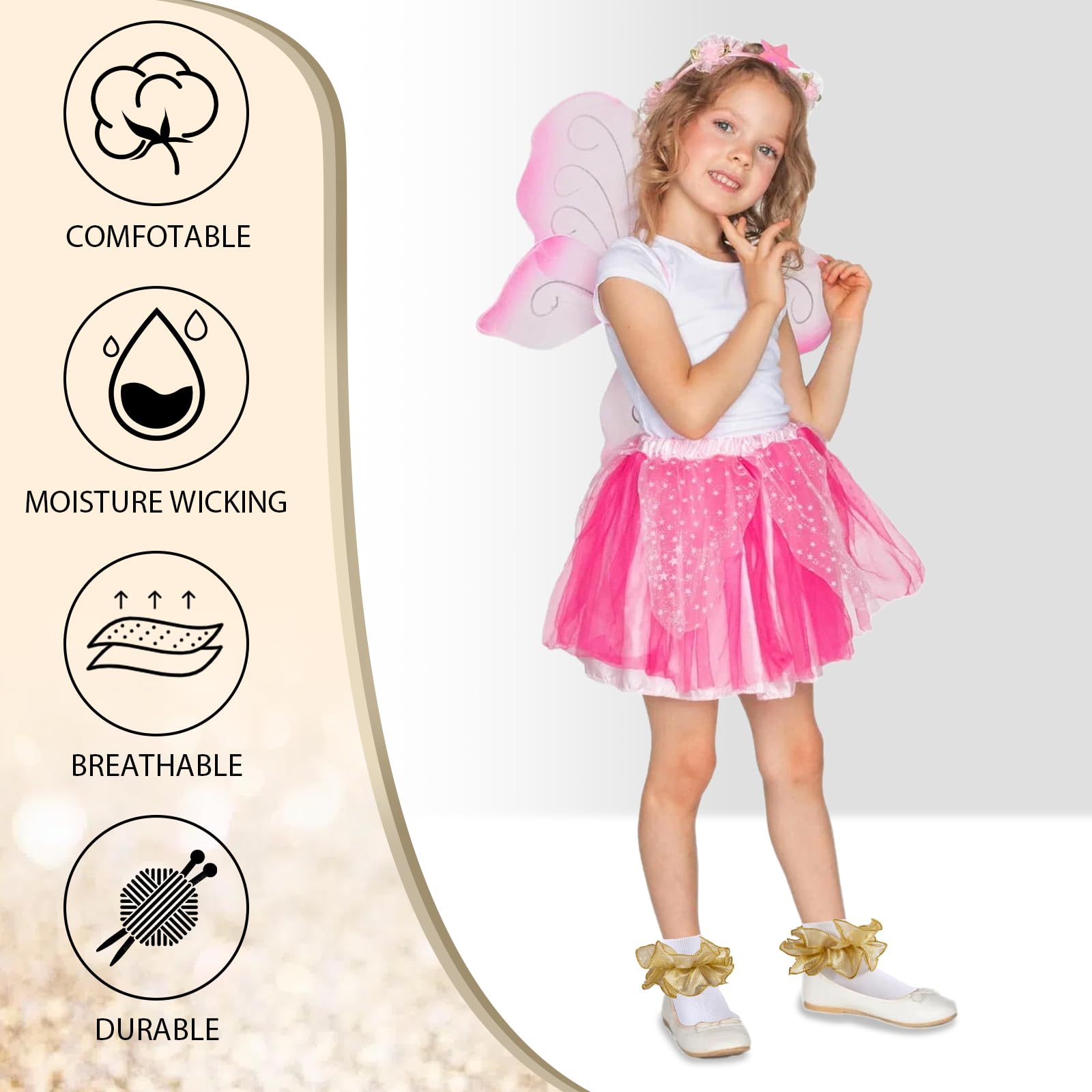 Big Ruffle Socks for Girls - Lace Frilly Dress Socks with Turn Cuff in White & Gold | Princess Style Kids Socks for Parties, Dresses & Special Occasions