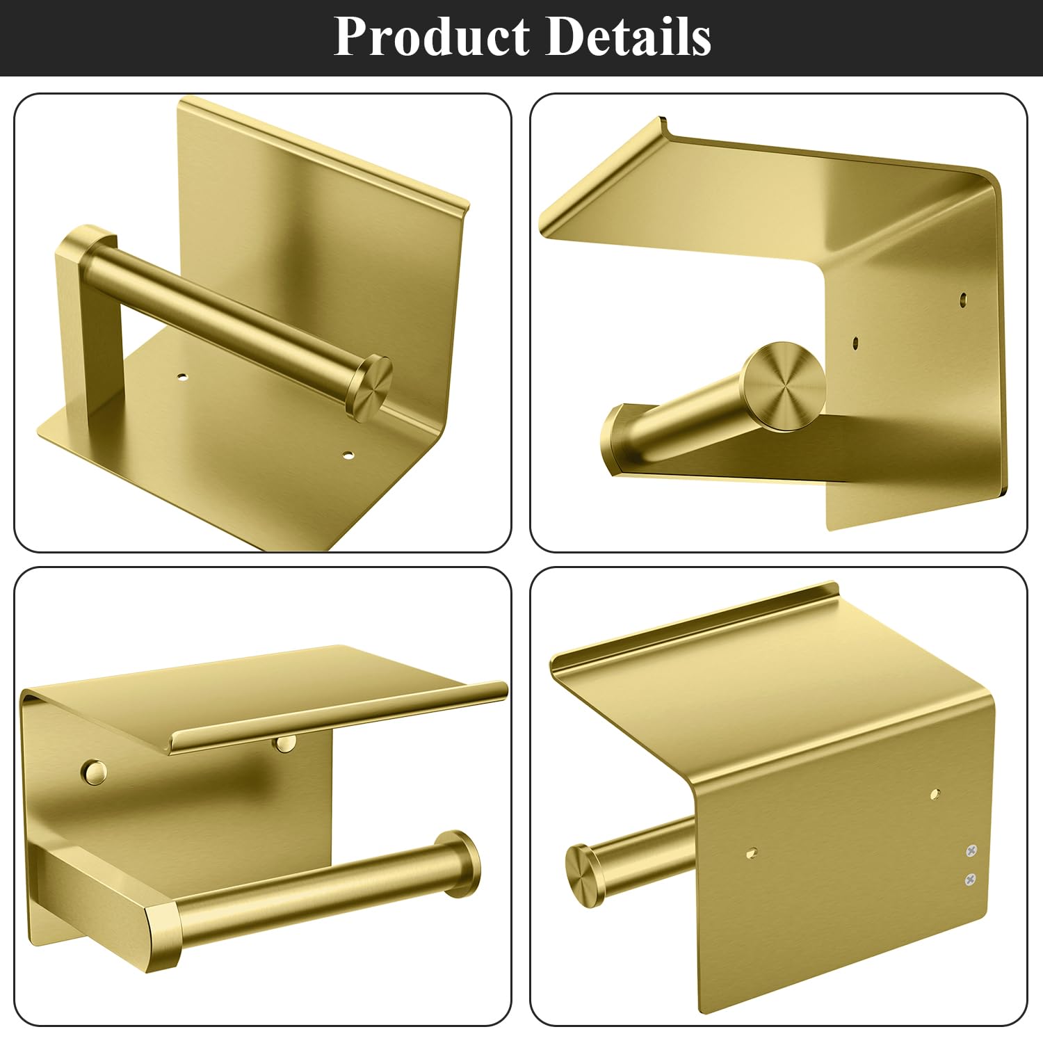 Tindbea Wall Mounted Toilet Paper Holder with Phone Shelf & Towel Hooks - Stainless Steel Bathroom Tissue Roll Dispenser (Brushed Gold) - Adhesive or Screw Installation for Bathroom, Kitchen, RV & Office Organization