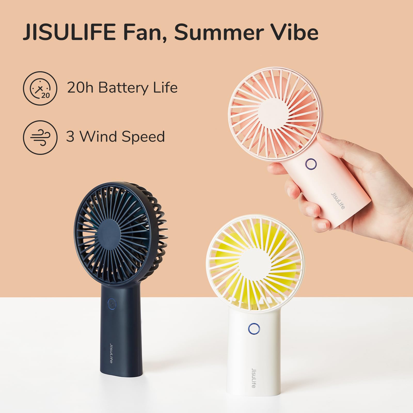 JISULIFE Portable Handheld Fan - 30 Hours Cooling, 6000mAh USB Rechargeable Battery, Mini Personal Fan for Travel, Makeup, Outdoor, Office & Daily Use - Stay Cool Anywhere (White)