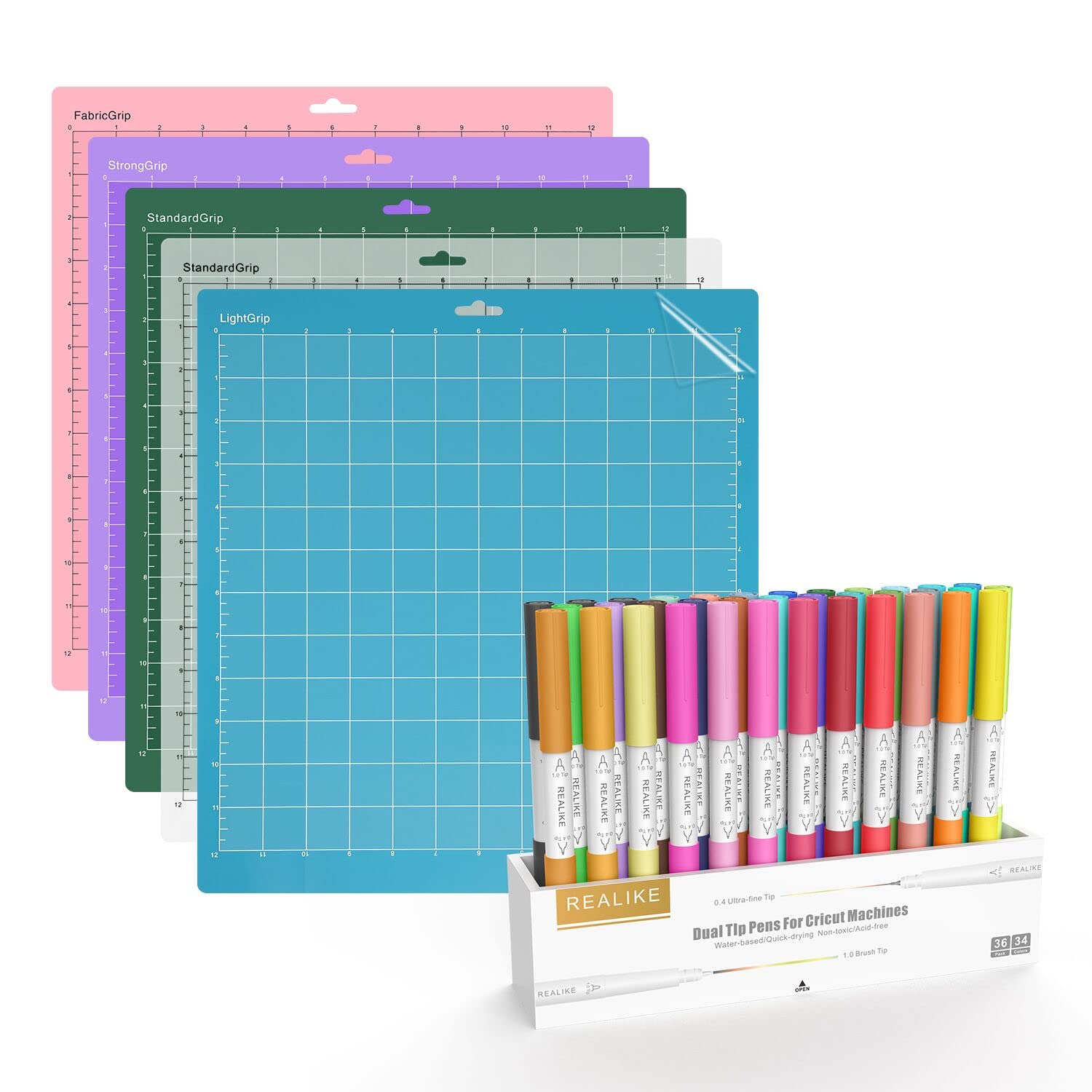 REALIKE 5-Piece Variety Cutting Mat Set & 36-Pack Dual Tip Marker Pens for Cricut Machines - Perfect for DIY Crafts, Scrapbooking, and Vinyl Cutting Projects