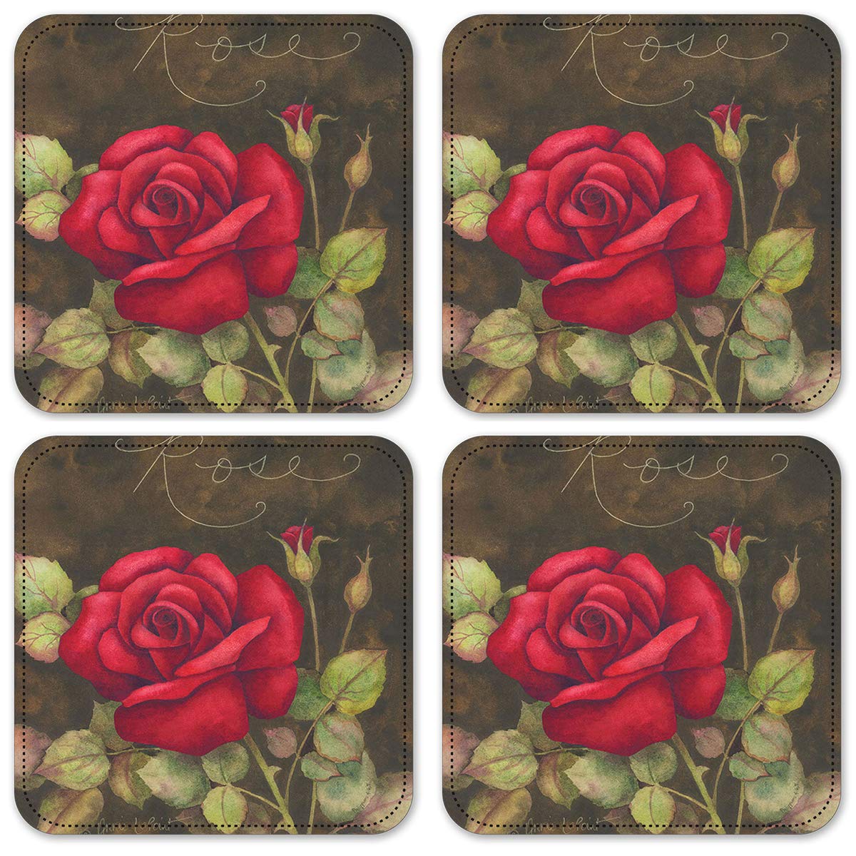 Premium Rose Design Vinyl Drink Coasters Set of 4 - Absorbent & Durable for Coffee Tables, Bars, and Home Decor - Perfect for Parties, Weddings & Daily Use