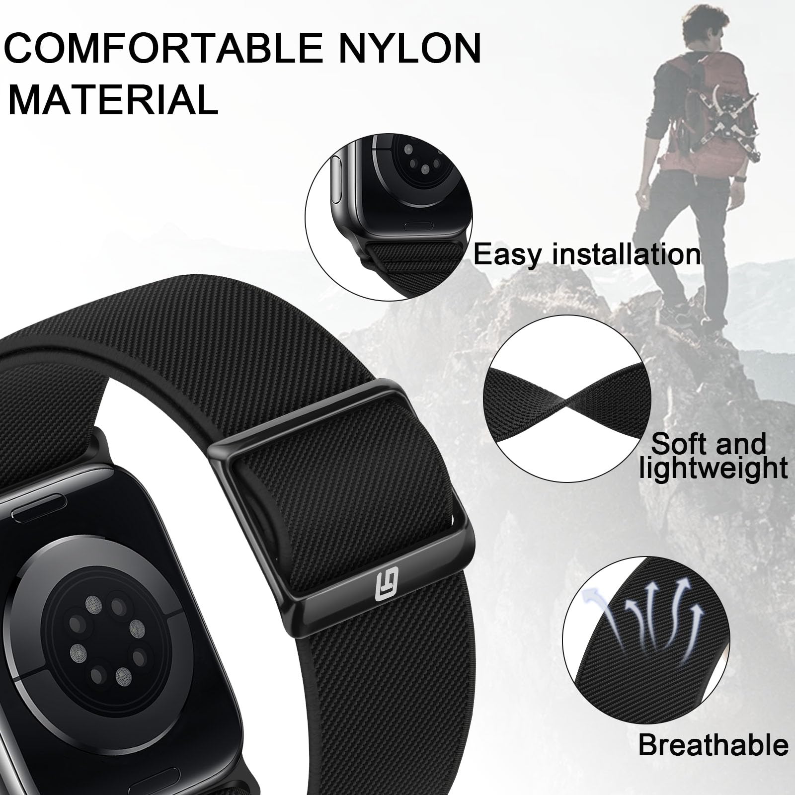 Stretchy Nylon Solo Loop Band Compatible with Apple Watch Series 10/9/8/7/6/5/4/SE (42mm 41mm 40mm 38mm) - Breathable Sport Strap for Men & Women - Perfect for Workouts, Running & Everyday Wear (Black)