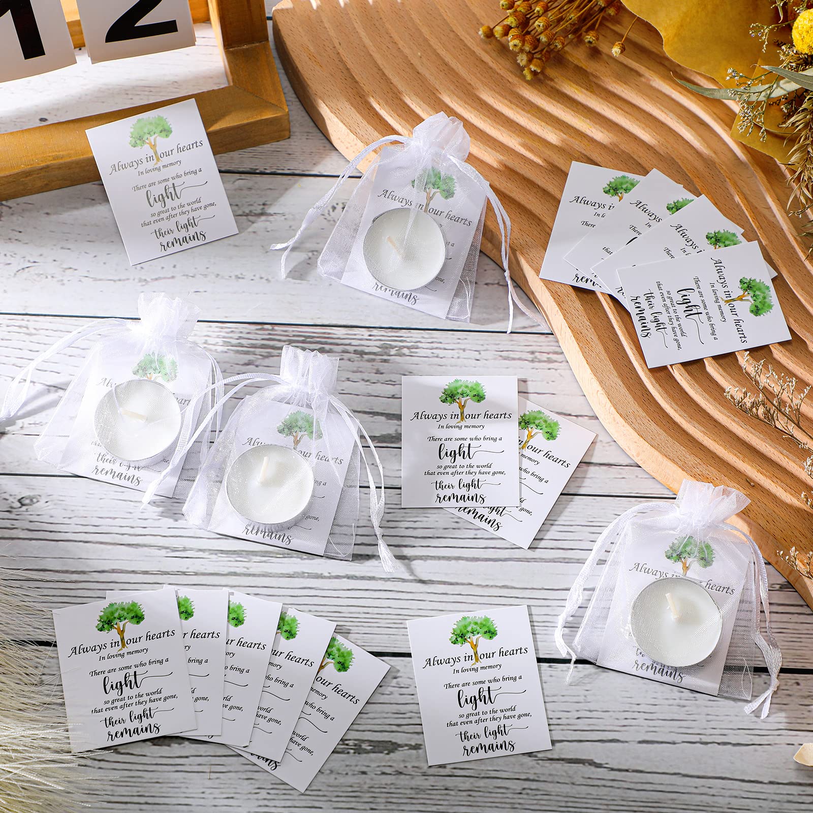 50-Pack Memorial White Unscented Tealight Candles with Condolence Cards & Organza Bags - Funeral Party Favors, Sympathy Gifts for Celebration of Life Decorations - Perfect for Memorial Services, Candlelight Vigils & Remembrance Events