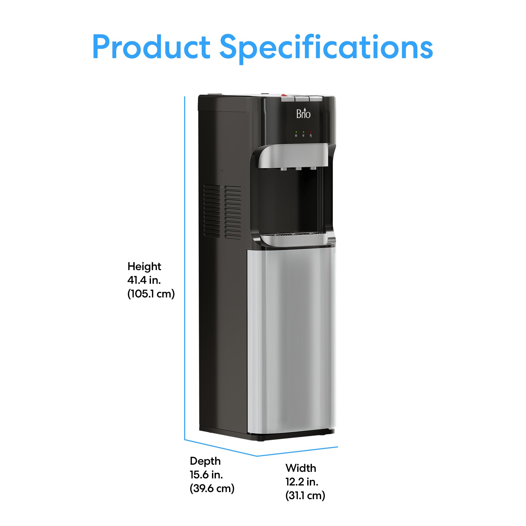 Brio Bottom Loading Water Cooler Dispenser for 5 Gallon Bottles - 3 Temperature Settings (Hot, Room, Cold) with Child Safety Lock, LED Display & Empty Bottle Alert - Stainless Steel Office & Home Water Dispenser for Kitchen, Breakroom, or Workplace Hydration