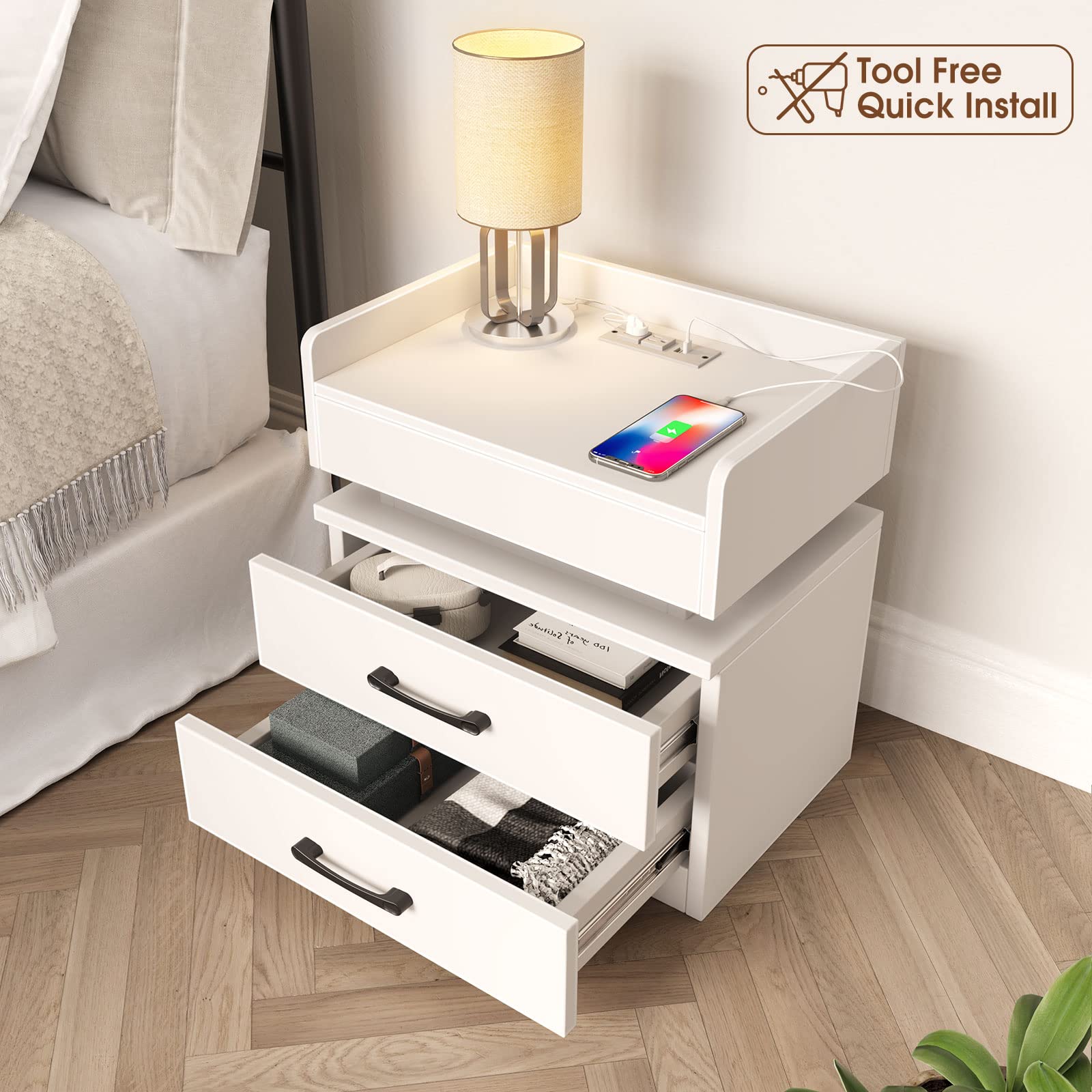 Rolanstar White Modern Nightstand with 2 Drawers, USB Charging Station & LED Lights - Tool-Free Quick Assembly Bedside Table for Bedroom, Living Room, Dorm - Perfect for Reading, Phone Charging & Bedside Storage
