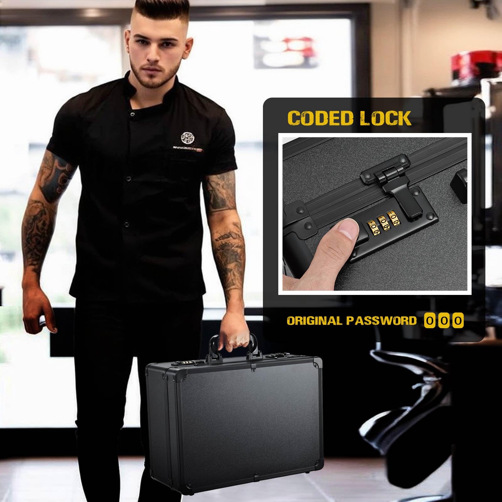 Professional Barber Accessories Case - Heavy Duty Barbers Briefcase for Clippers, Scissors & Trimmers - Lockable Black Barber Organizer with Code Lock - Perfect for Salon, Travel & Mobile Hair Stylists
