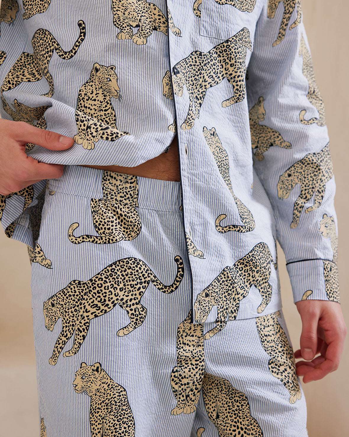 Seersucker Cotton Leopard Stripe Print Long Pajama Set for Women - Soft & Breathable Sleepwear for Summer Nights, Loungewear, and Vacation Comfort