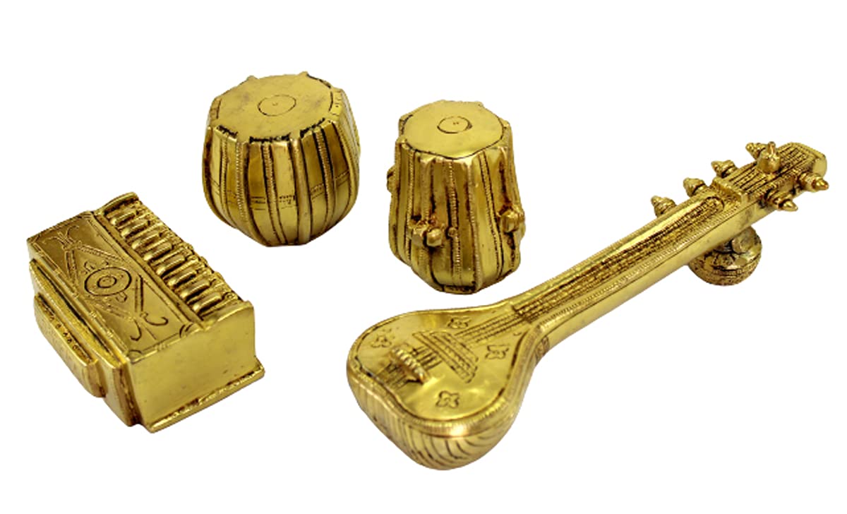 eSplanade Brass Miniature Musical Instrument Set - Veena, Sitar, Tabla & Harmonium | Indian Home Decor Showpiece | Perfect for Living Room, Office Desk & Gift Giving
