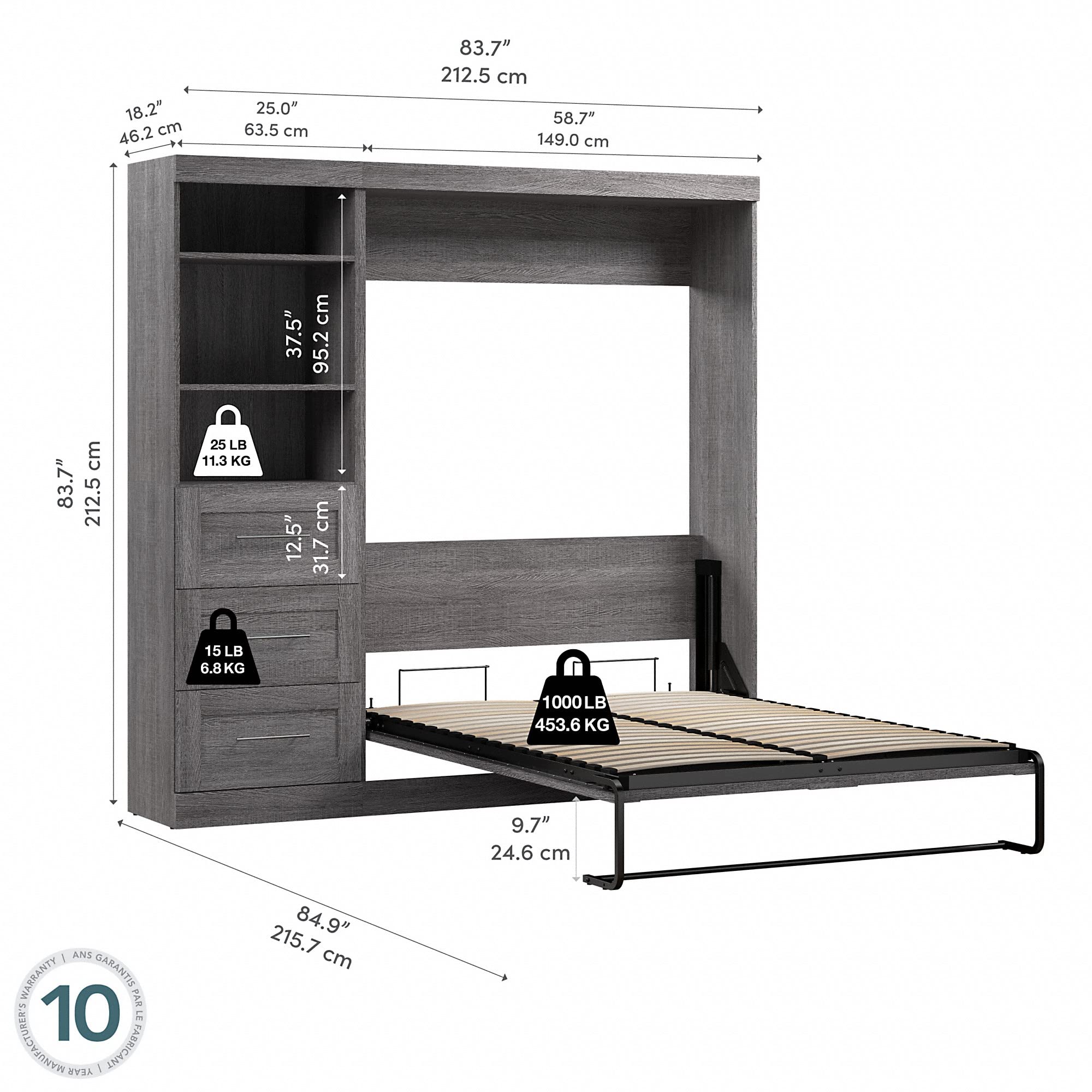 Bestar Murphy Bed with Storage Drawers - 84