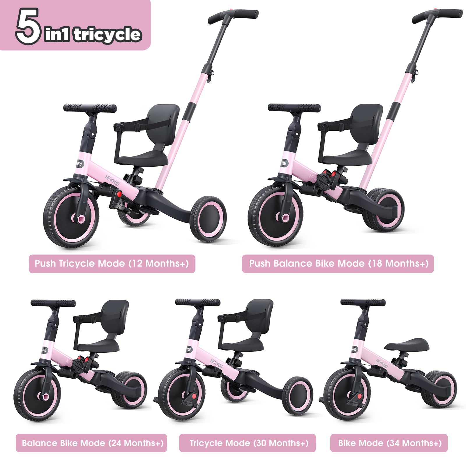 Newyoo Toddler Tricycle for 1-3 Year Old Kids - Adjustable Push Handle, Safety Belt & Backrest - Pink Balance Learning Bike TR007 - Perfect Birthday Gift for Boys & Girls - Indoor & Outdoor Play, Park Rides, Backyard Fun