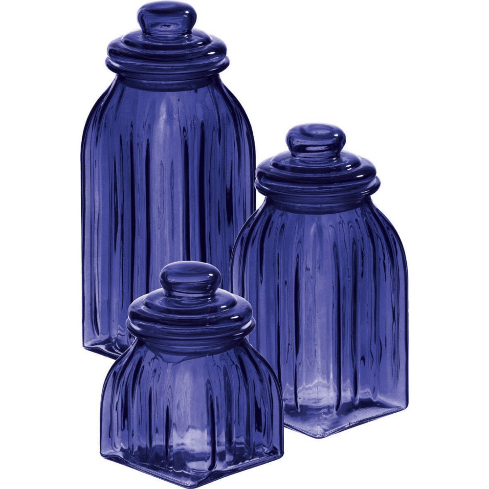 Premium Navy Blue Glass Canister Set of 3 - Airtight Food Storage Containers for Cereal, Grains & Dry Goods | Elegant Kitchen & Pantry Organization | Perfect for Baking Ingredients, Coffee Beans & Snack Storage