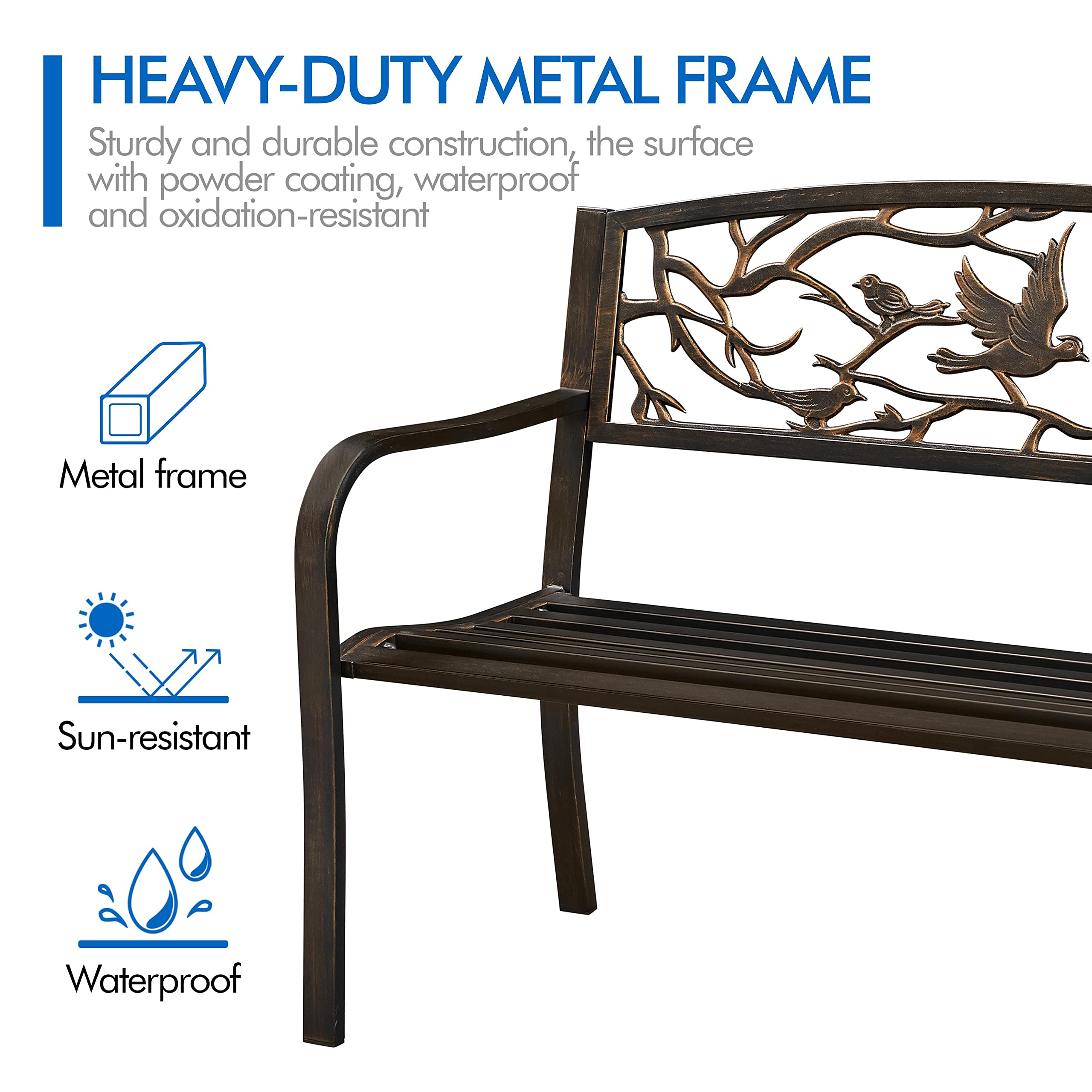 Topeakmart 50 Inch Steel Garden Bench - Outdoor Metal Bench with Backrest & Armrest - Antique Patio Furniture for Yard, Porch, Pathway, Entryway - Perfect for Relaxing, Gardening & Outdoor Decor