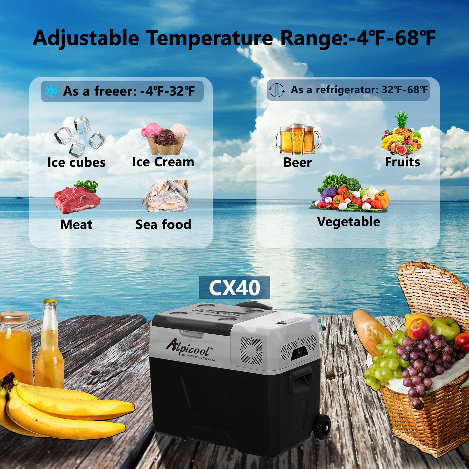 Alpicool CX40 12V/24V Portable Car Refrigerator and Freezer - 40 Quart Electric Cooler for Road Trips, Camping, and Outdoor Adventures