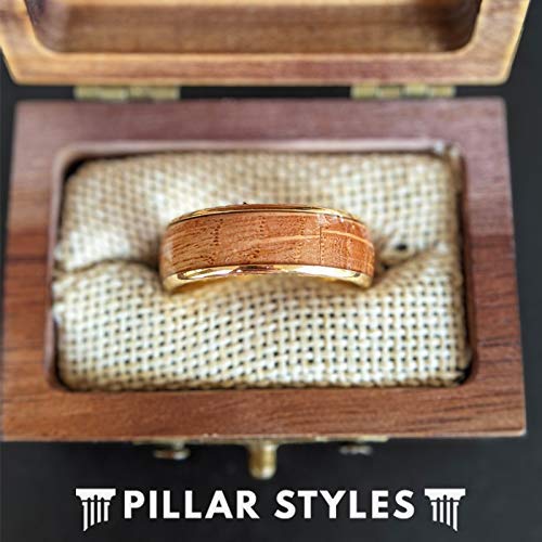 14K Yellow Gold Whiskey Barrel Ring for Men - 8mm Comfort Fit Wedding Band with Bourbon Wood Inlay - Rustic Tungsten Anniversary Gift for Him - Perfect for Whiskey Lovers, Groomsmen Gifts & Special Occasions