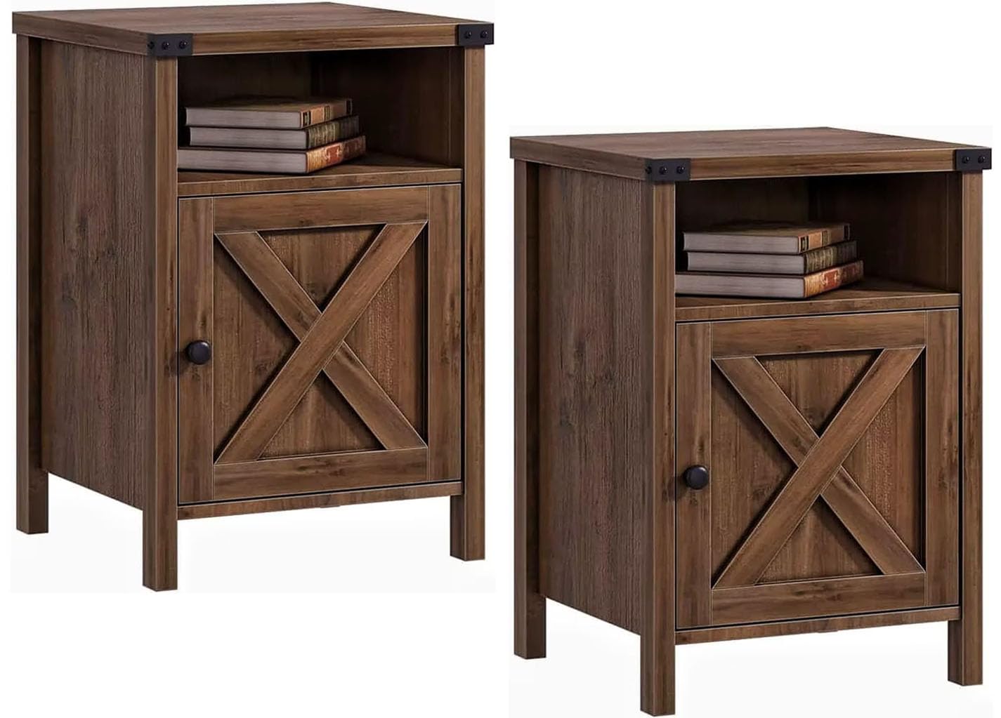 Rustic Oak End Table Set of 2 - Farmhouse Nightstand with Barn Door & Shelf, Side Table for Bedroom & Living Room | Perfect for Cozy Home Decor, Farmhouse Style Bedside Tables, and Rustic Living Room Accent Furniture