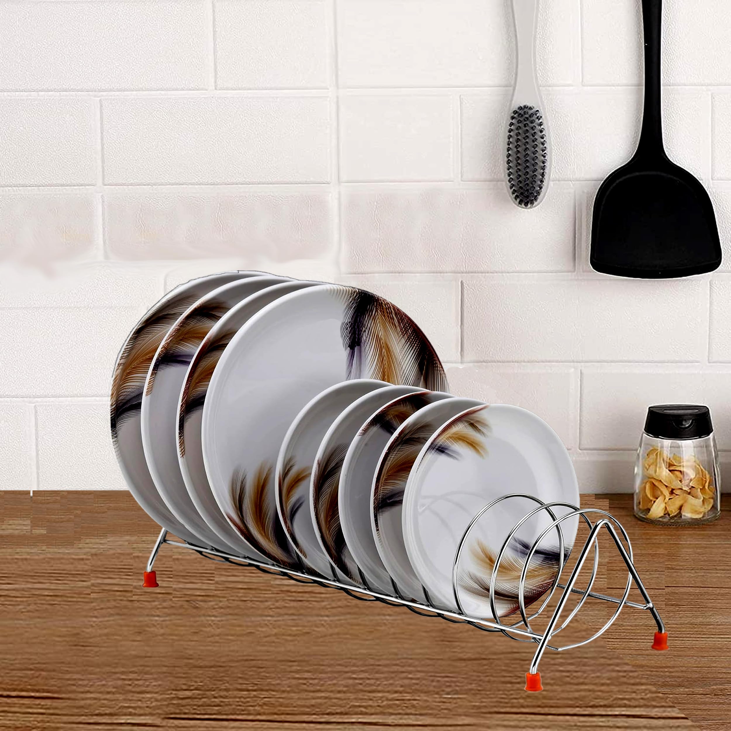 GRIDKITCHEN ™ Stainless Steel Plate Rack Stand | Thali Rack | Dish Drying Rack | Kitchen Organizer with Lid Holder & Utensil Storage | Space Saving Countertop Organizer for Dining Table (Pack of 1) | Perfect for Small Kitchens & Dish Drying After Washing