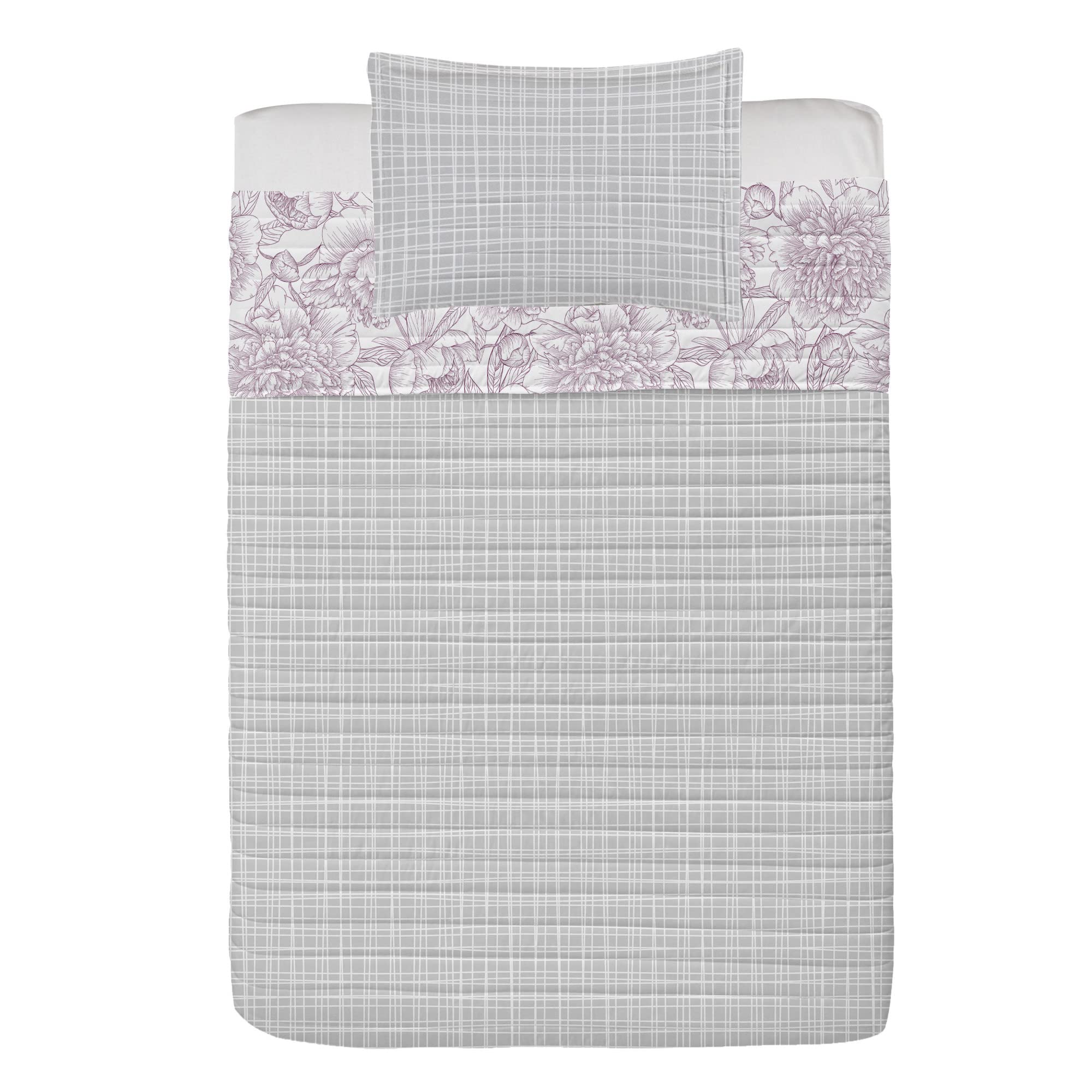 Ambesonne Floral Reversible Bedspread Set - Hand Drawn Rose Chamomile Peonies Design, Microfiber Comforter & Pillow Shams, Twin Size Pale Mauve - Perfect for Spring Bedroom Decor, Guest Room Makeover & Boho Chic Home Styling