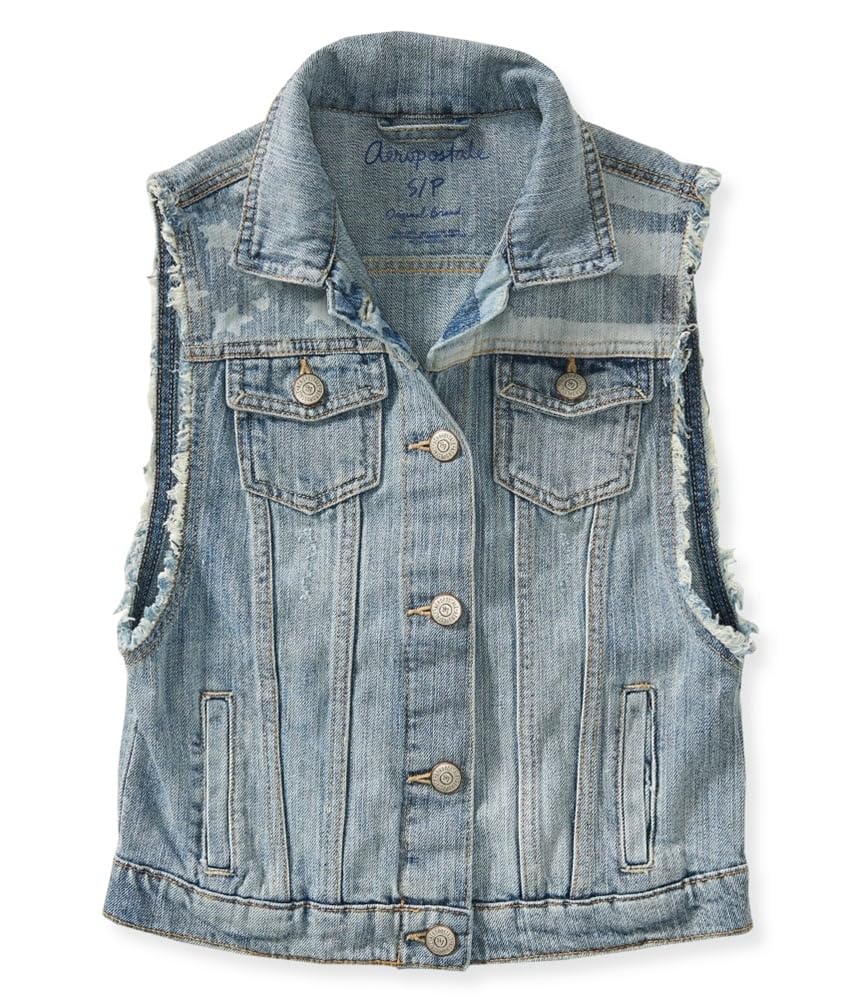 AEROPOSTALE Women's Americana Denim Vest - Light Blue Distressed Jacket for Casual Outfits | X-Small Size | Perfect for Spring Layering and Streetwear Fashion