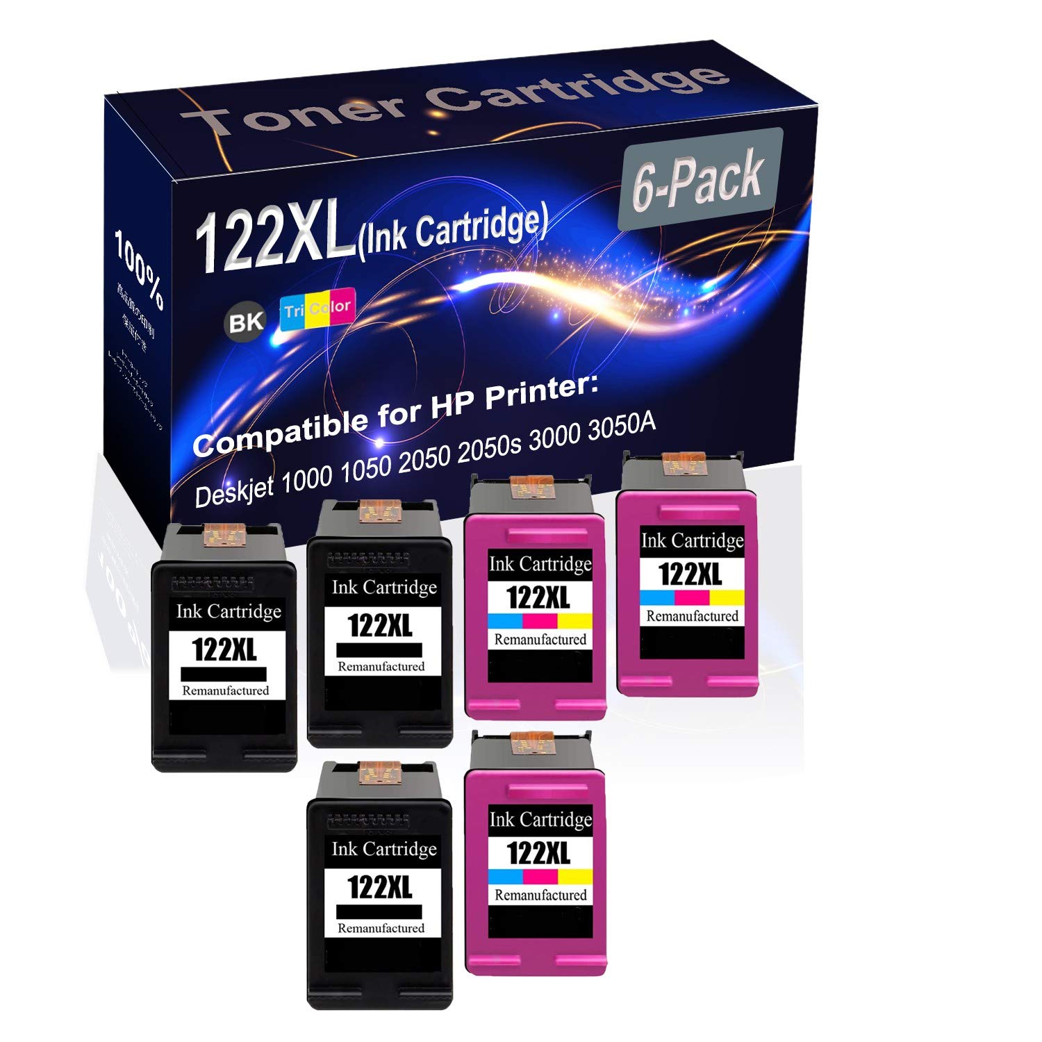 6-Pack (3 Black + 3 Tri-Color) Remanufactured High Yield 122XL Ink Cartridges - Compatible with HP Deskjet 1000, 1050, 2050, 2050s, 3000, 3050A Printers - Ideal for Home Office, School Projects & Everyday Printing Needs