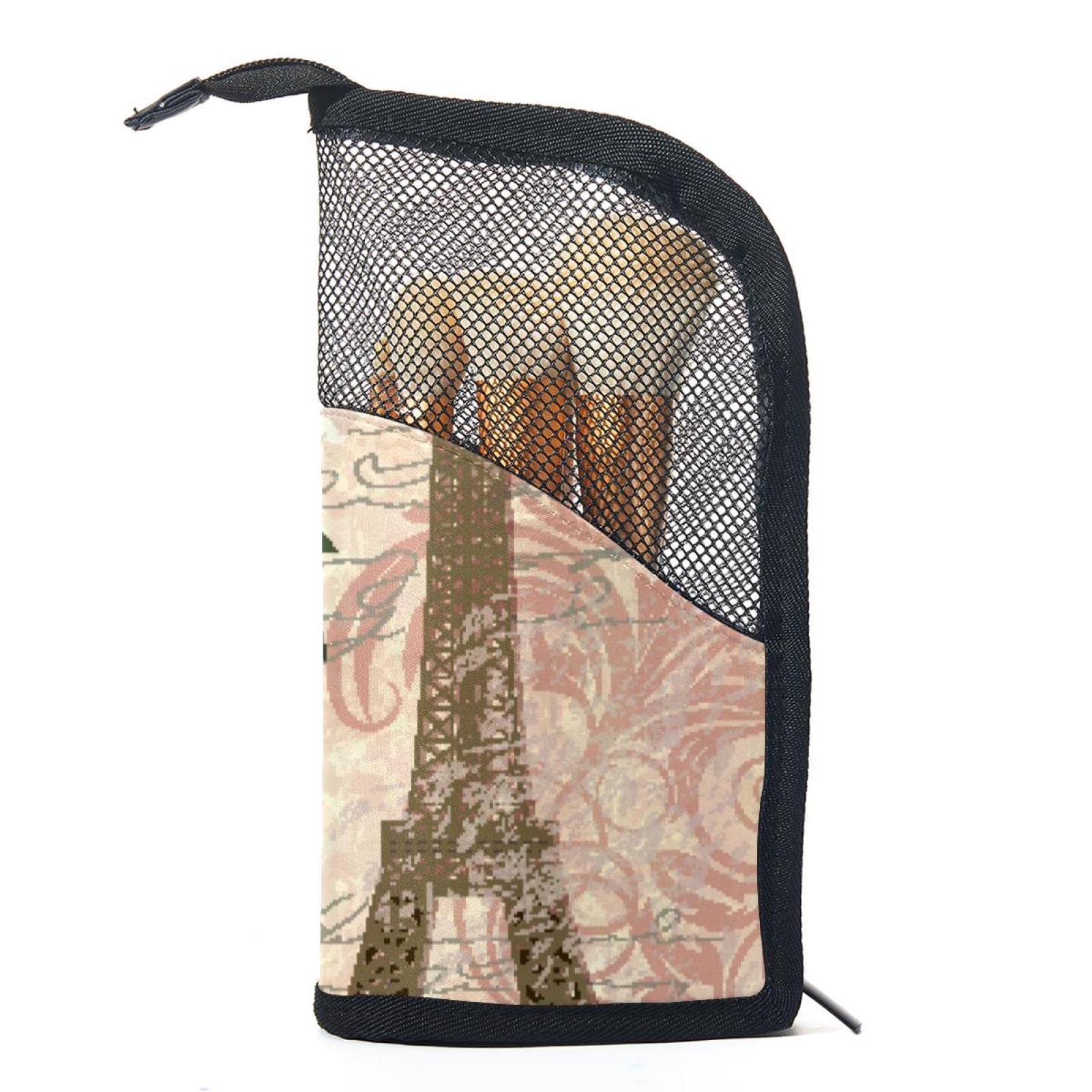 Vintage Eiffel Tower Flowers Makeup Brush Organizer Bag with 12 Slots - Portable Cosmetic Brush Holder Case for Travel & Home Storage - Perfect for Makeup Artists & Beauty Enthusiasts