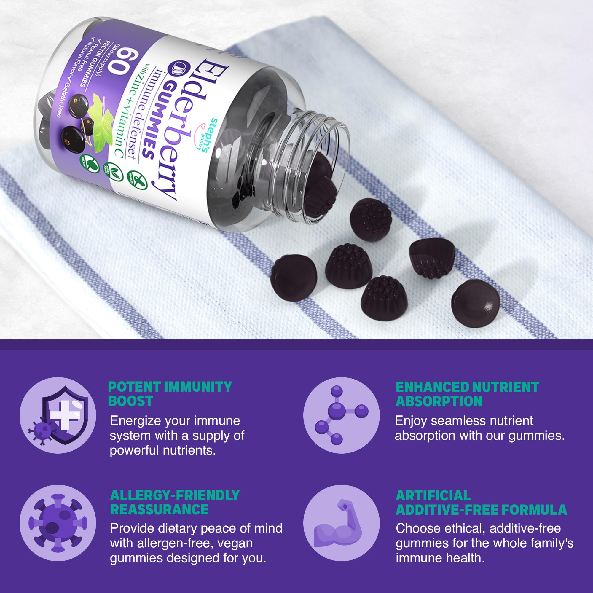 Elderberry Gummies with Vitamin C & Zinc - Immune Support Supplement for Adults & Kids - Vegan, Natural Ingredients - Antioxidant Rich Multivitamin (120 Count) - Perfect for Daily Wellness & Cold Season Defense