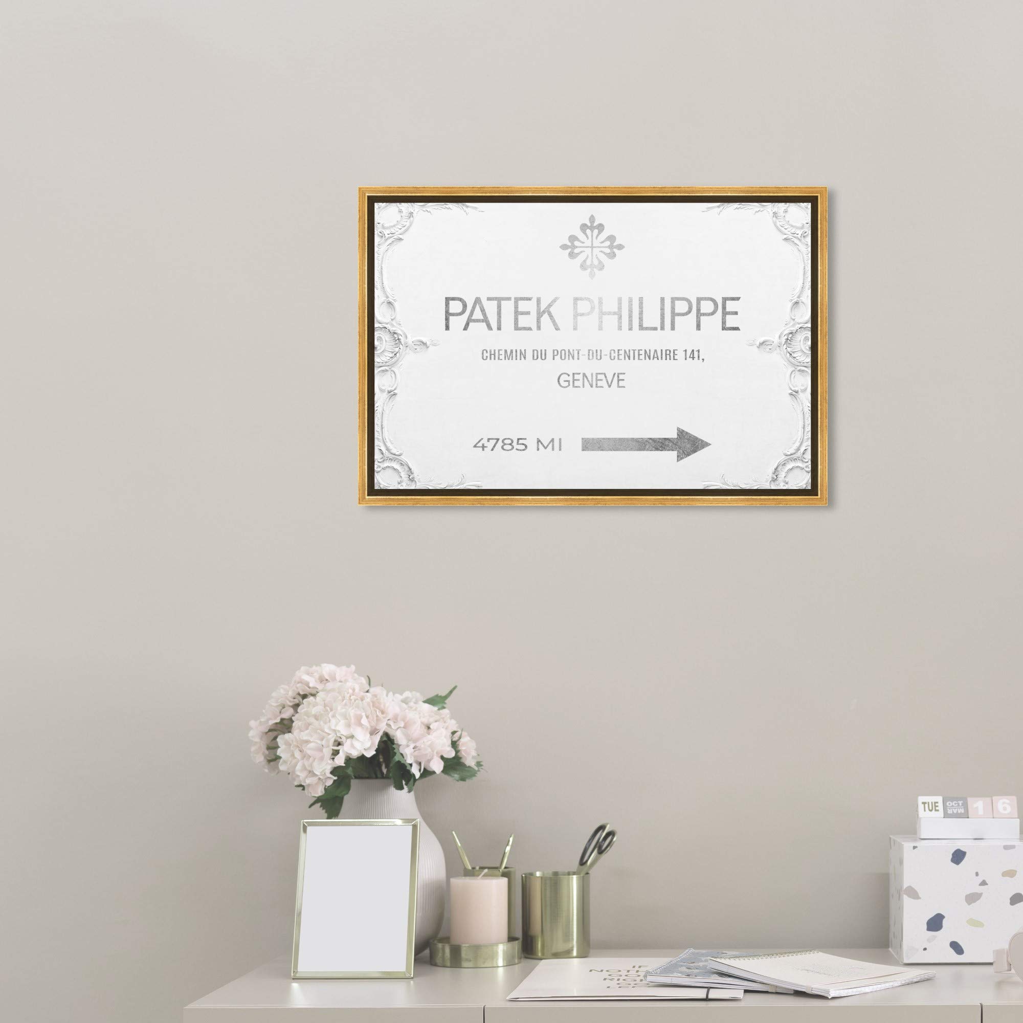 Oliver Gal Artist Co. Fashion & Glam Wall Art Framed Canvas Print - Geneva Watches Road Signs Home Decor (24x16 Inches, Gray & White) | Perfect for Living Room, Bedroom & Office Wall Decor