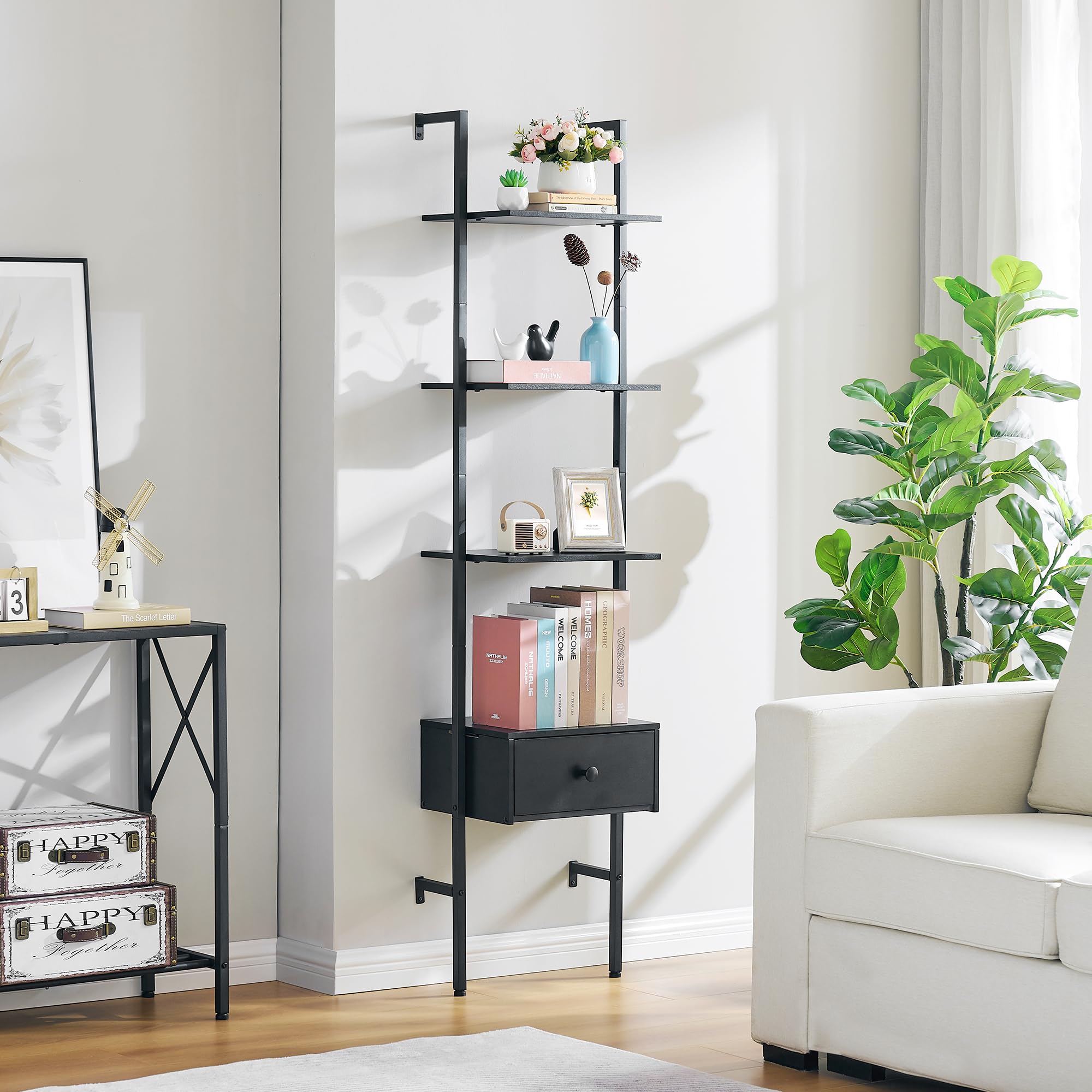 Tajsoon 4-Tier Wooden Ladder Shelf with Drawers - Wall Mounted Bookcase Storage Shelves for Home Office, Bedroom & Living Room - Space Saving Organizer for Books, Decor & Essentials (Black)