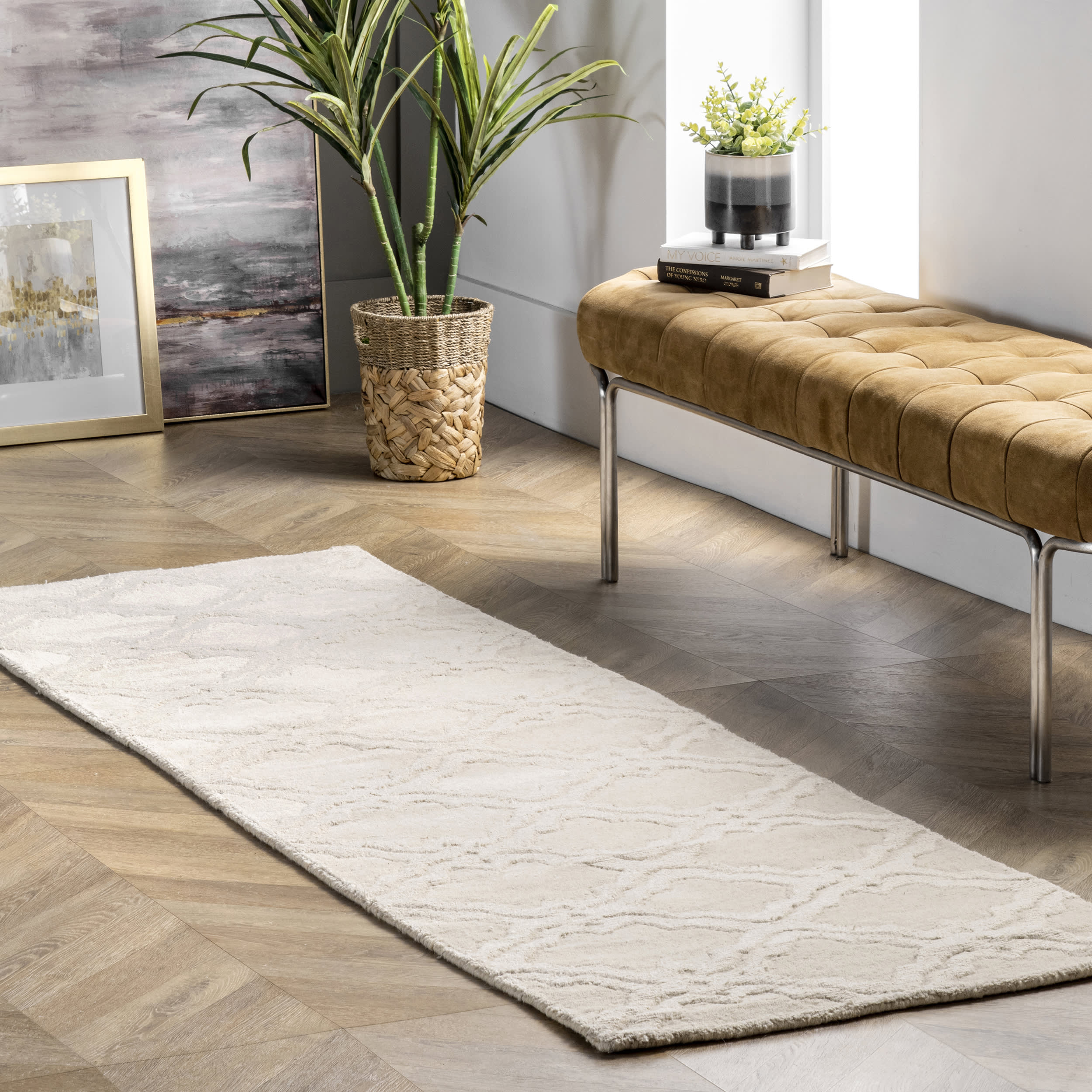 Double Carved Trellis Area Rug in Cream - Elegant Bohemian Home Decor for Living Room, Bedroom & Entryway