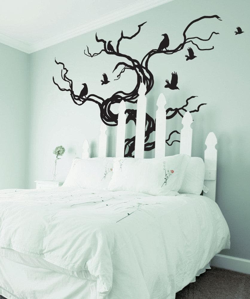 Vinyl Wall Decal Sticker - Black Crow Silhouettes on Tree Branch - Removable Home Decor for Living Room, Nursery & Office - #GFoster172