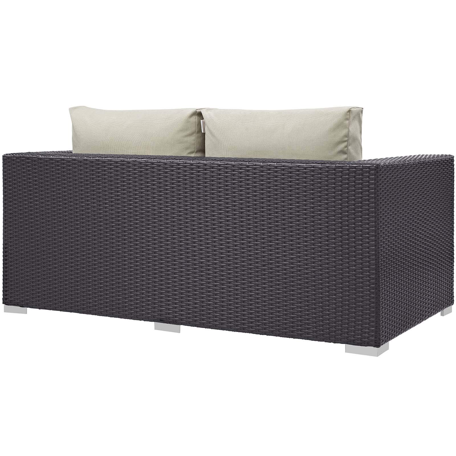 Modway Convene 3-Piece Wicker Rattan Outdoor Patio Sectional Set with Fire Pit - Espresso & White - Perfect for Backyard, Garden, Poolside Relaxation and Entertaining