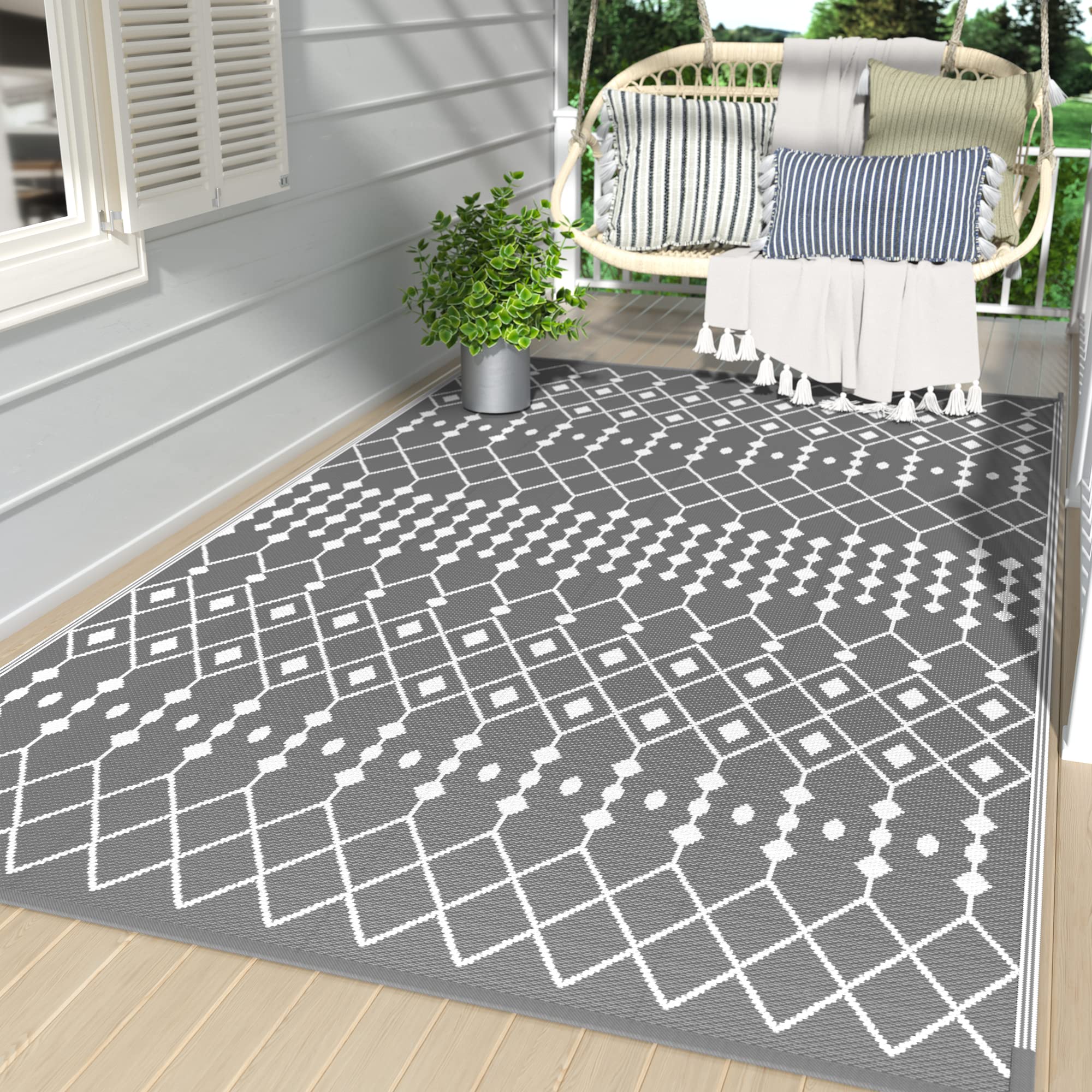 GENIMO 6'x9' Waterproof Reversible Outdoor Rug - Boho Patio Carpet for RV, Deck, Camping & Picnic | Durable Plastic Straw Mat for Porch, Camper & Garden Decor (Grey & White)