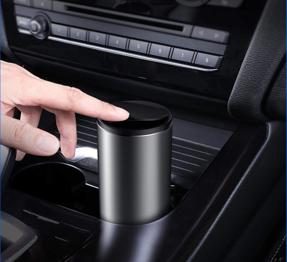 Tumecos Car Trash Can with Lid - Vehicle Cup Holder Garbage Bin, Auto Dust Box for Bottles & Small Waste - Perfect for Cars, Trucks & Road Trips (Black)