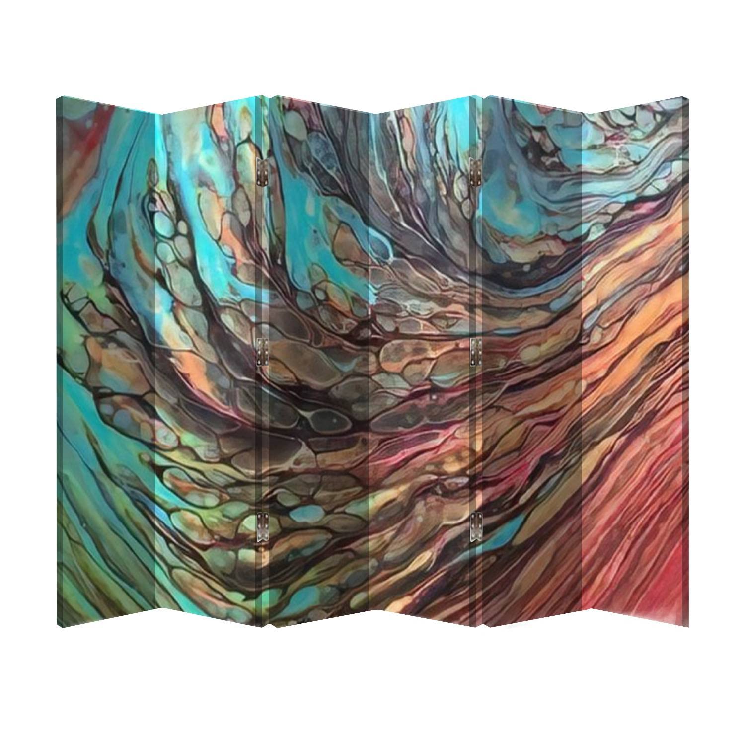 6 Panel Wooden Folding Room Divider Screen with Vibrant Abstract Wave Painting - Office Privacy Partition, Home Decor, and Wall Divider for Living Rooms, Bedrooms & Workspaces