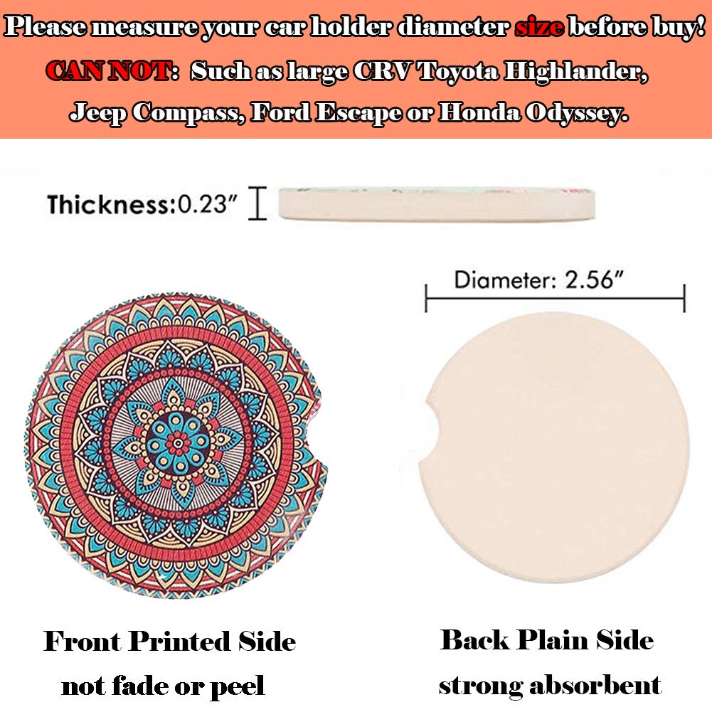 2 Pack Absorbent Mandala Ceramic Car Coasters - Non-Slip Drink Coasters for Car Cup Holders | Car Accessories & Decor for Women | Perfect for Road Trips, Commuting & Coffee Lovers