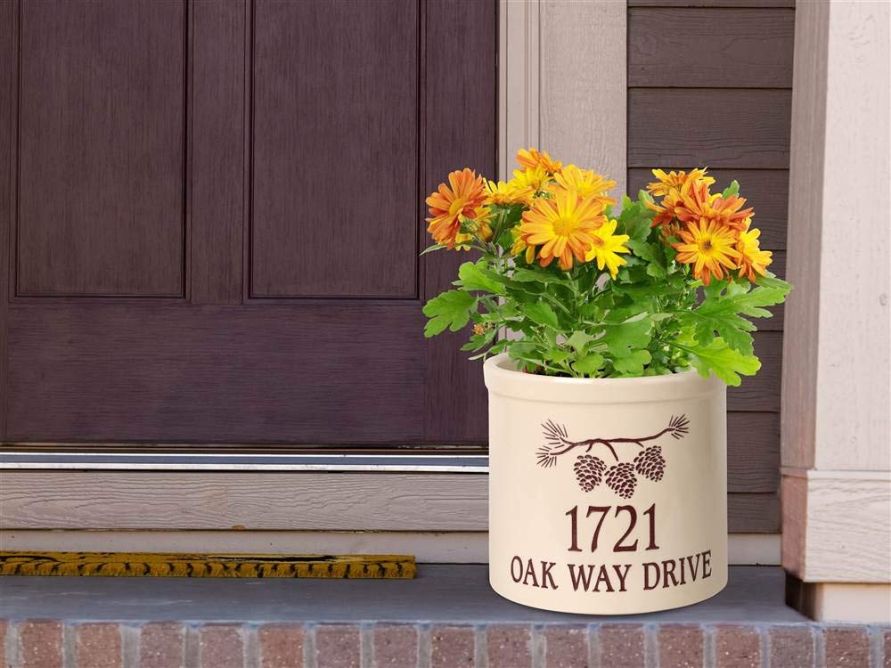 Whitehall Products 2-Gallon Pine Bough Address Crock Planter in Red - Perfect for Outdoor Garden Decor, Porch Planters & Rustic Home Entryway Display