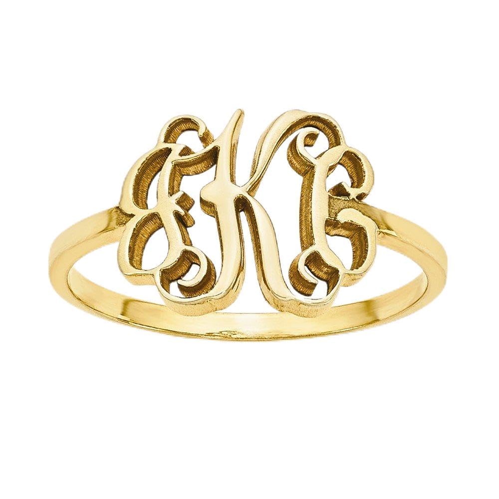 925 Sterling Silver Yellow Gold-Plated Laser Engraved Monogram Ring Band - Personalized Name Jewelry for Women, Gift for Her, Anniversary, Wedding, Engagement, Birthday Present