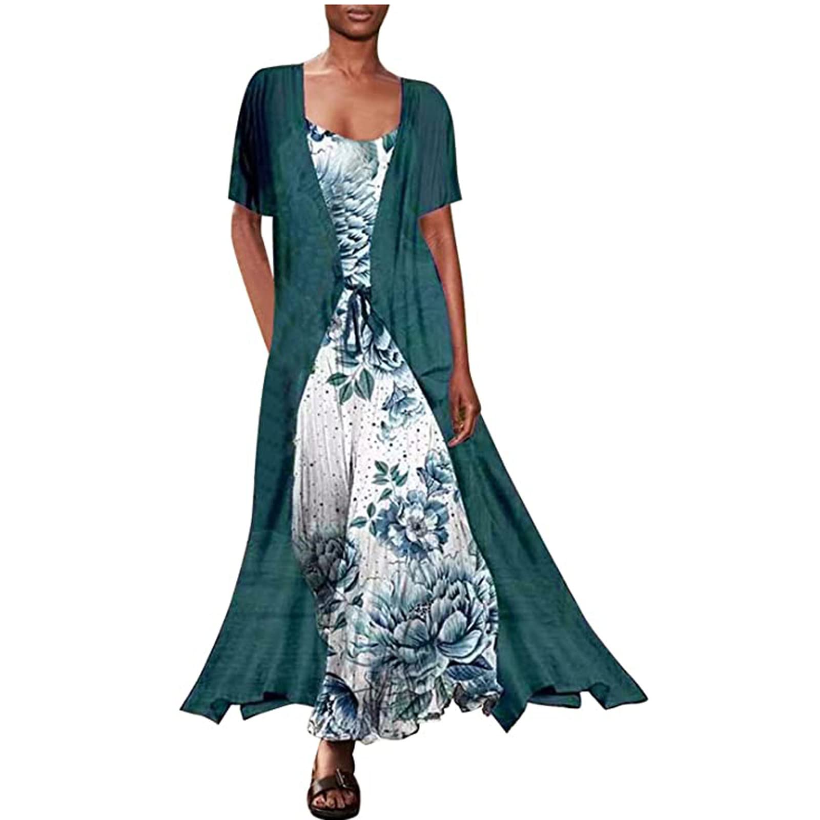 FAVIPT Women's Floral Two-Piece Dress Set - Summer Chiffon Long Cardigan & Sleeveless O-Neck Dress for Wedding Guest, Beach Vacation, and Casual Outings