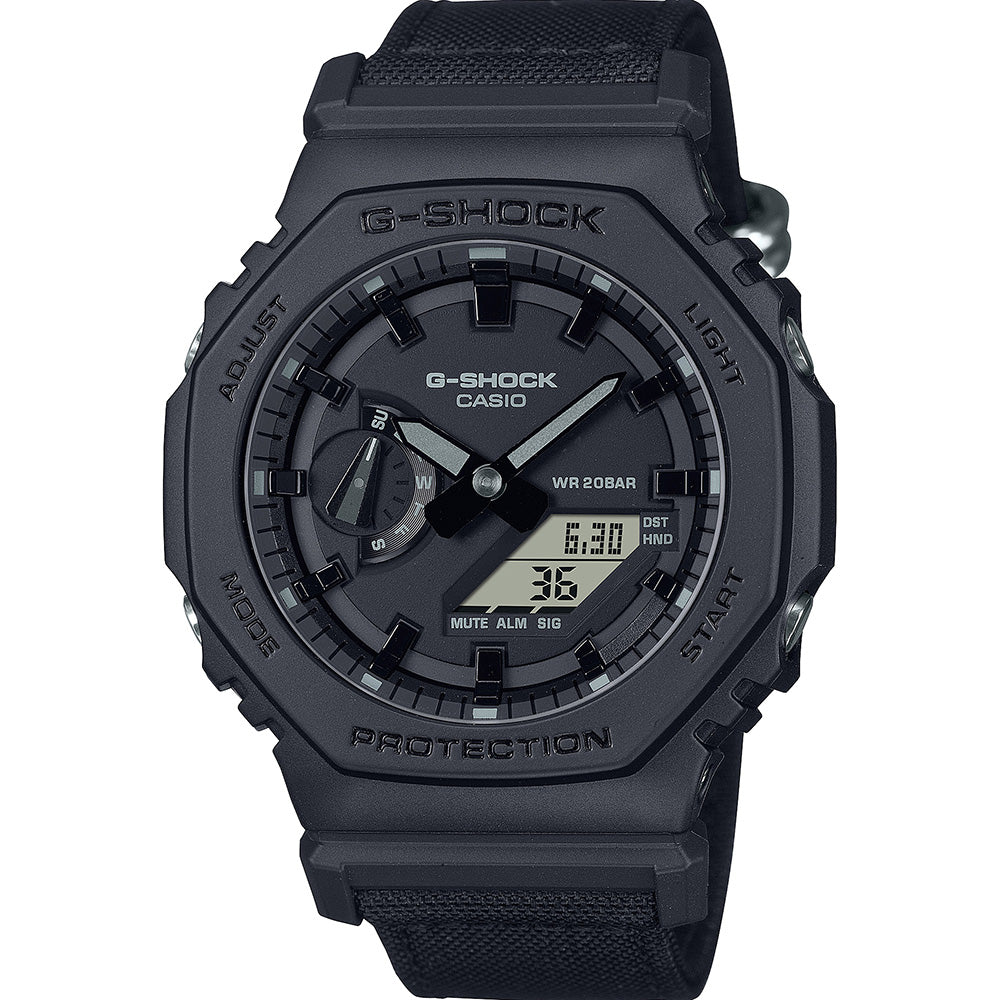 Casio G-Shock GA2100BCE-1A Analog-Digital Black Cordura Strap Watch for Men - Rugged Military Style for Outdoor Sports & Adventure Activities